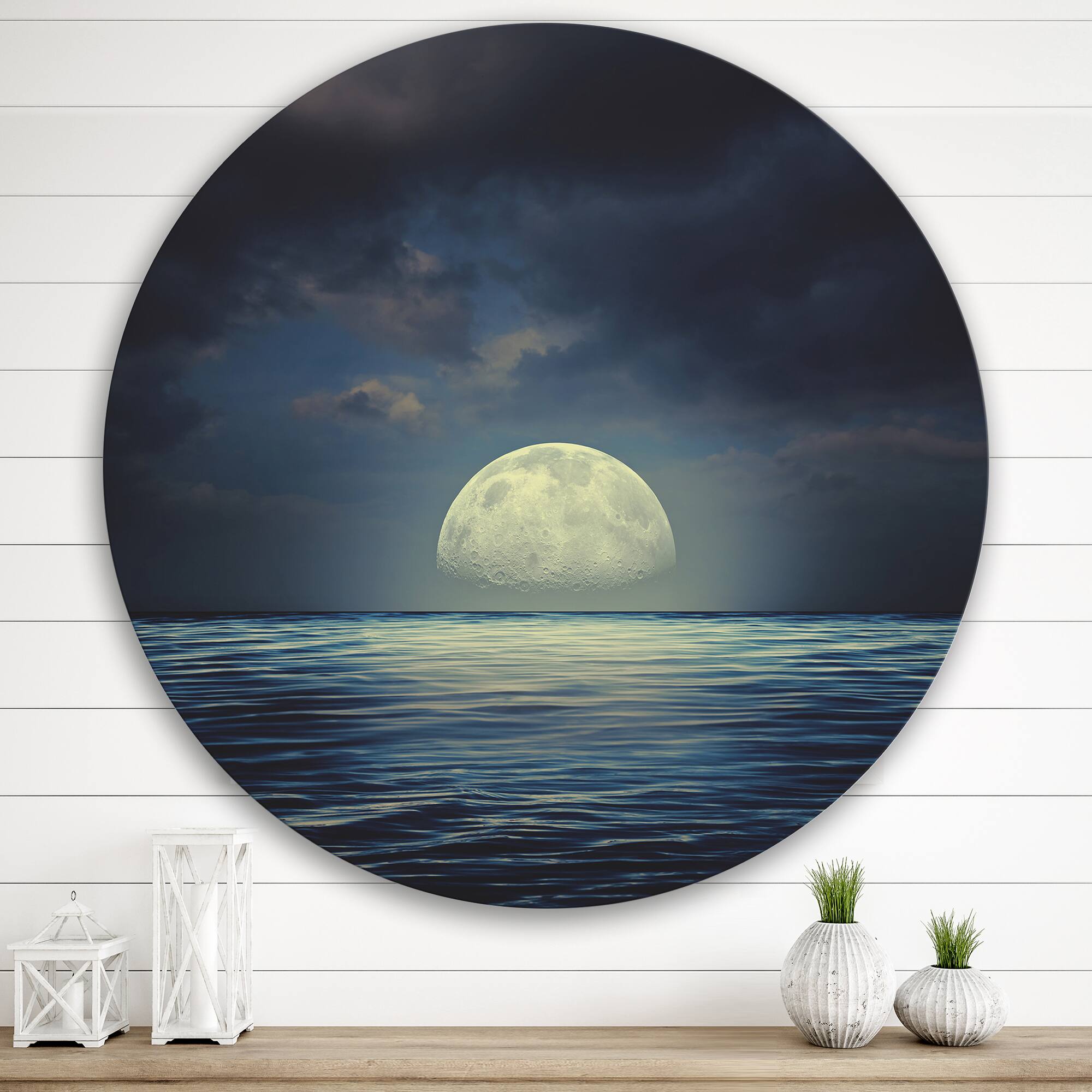Designart - Super Moon Over The Sea II - Nautical & Coastal Metal Circle Wall Art