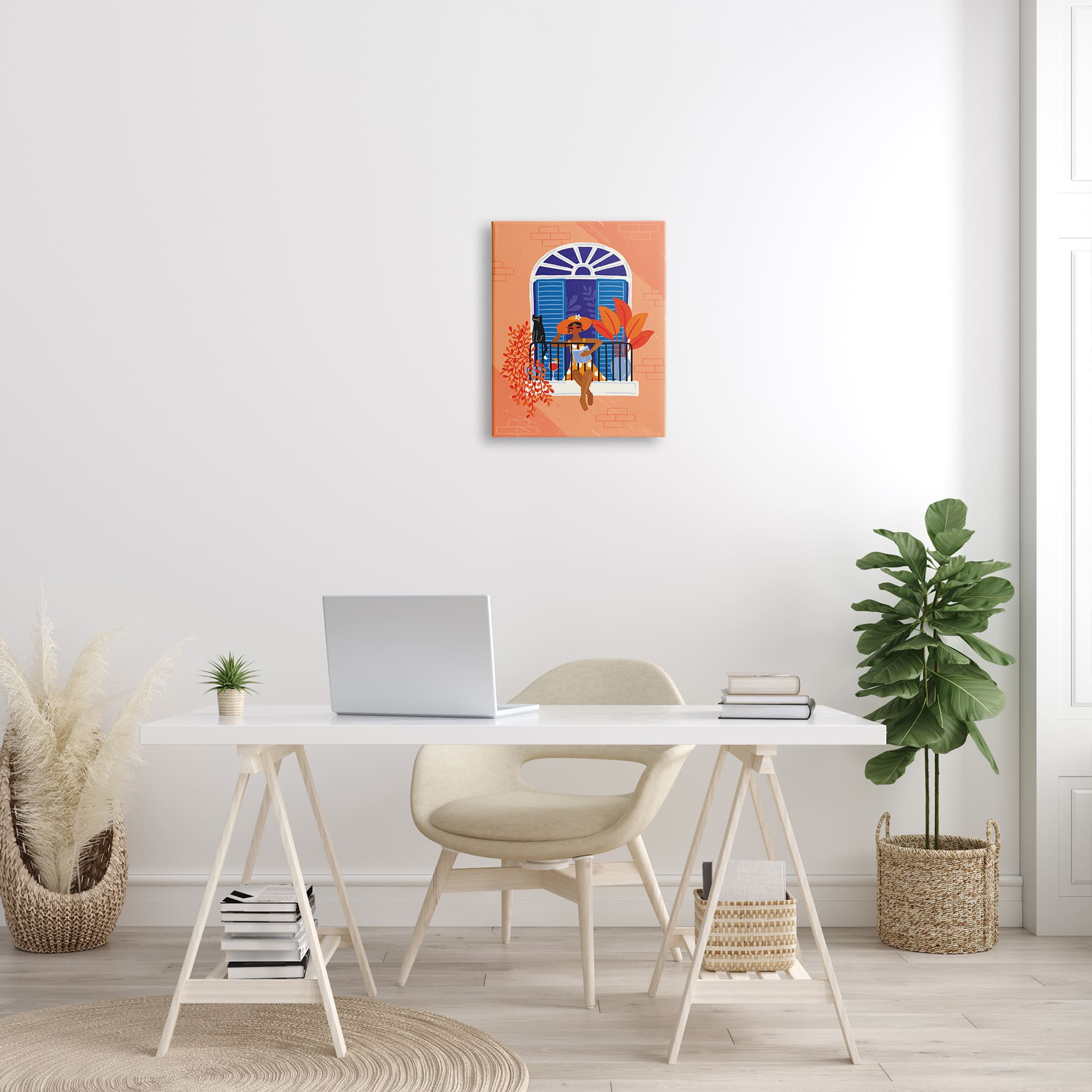 Stupell Industries Woman Reading Balcony Perched Cat Tropical Plants Canvas Wall Art