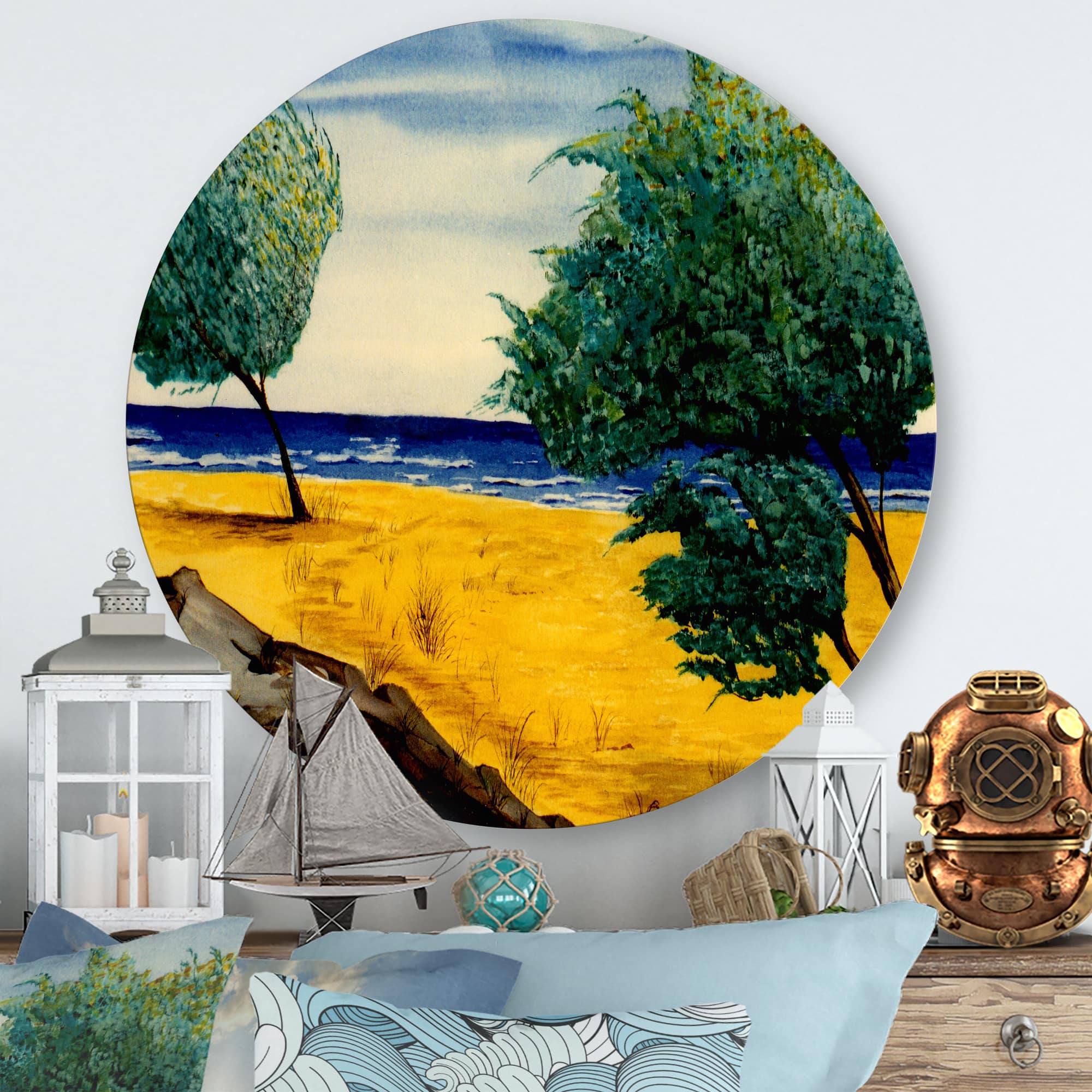 Designart - Orange Beach By The Coastline - Nautical & Coastal Metal Circle Wall Art