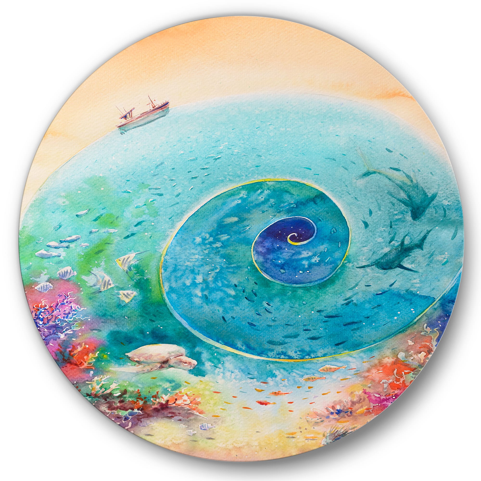 Designart - Turquoise Ocean Spiral With Coral Reef Fishes