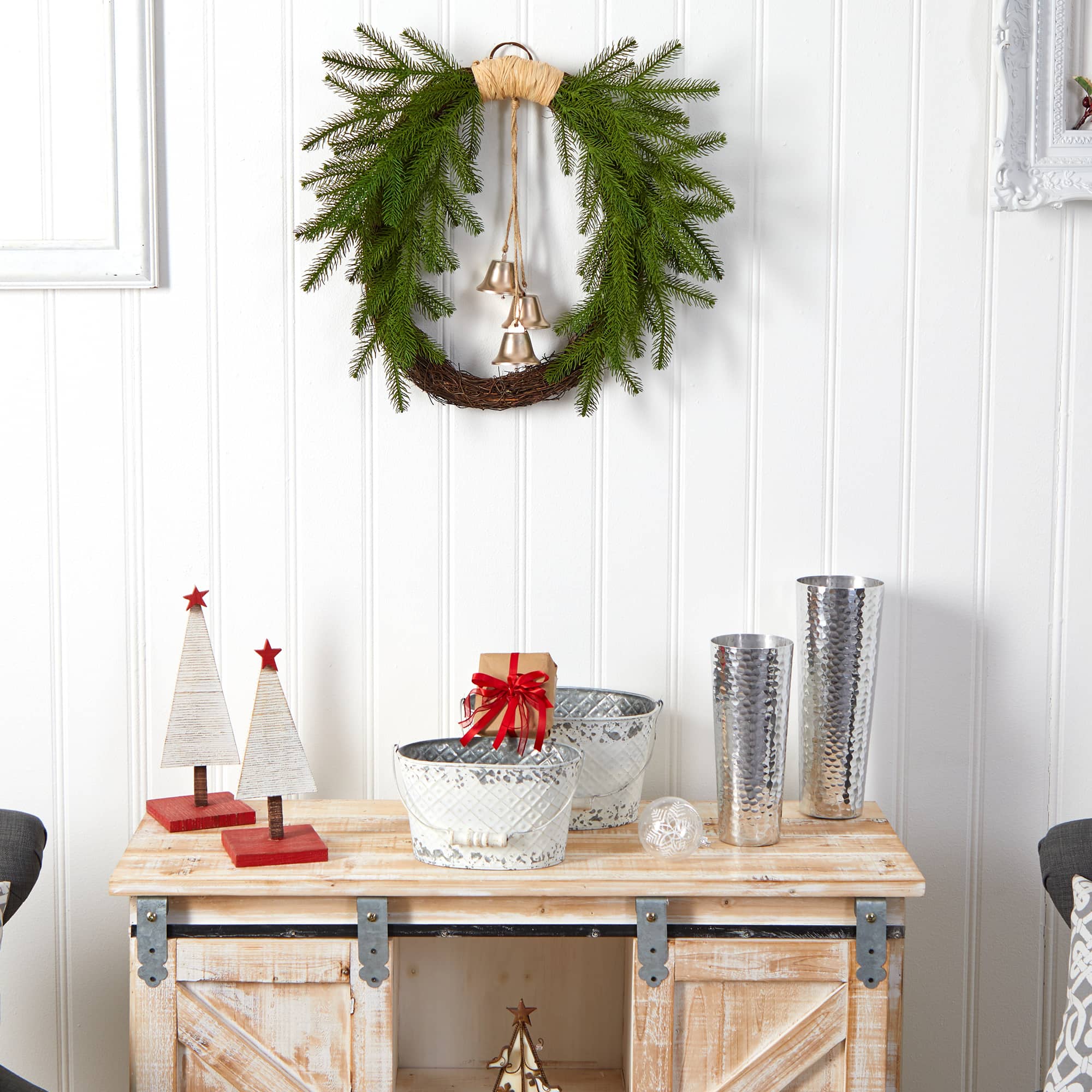 24" Holiday Christmas Pine And Hanging Bells Wreath