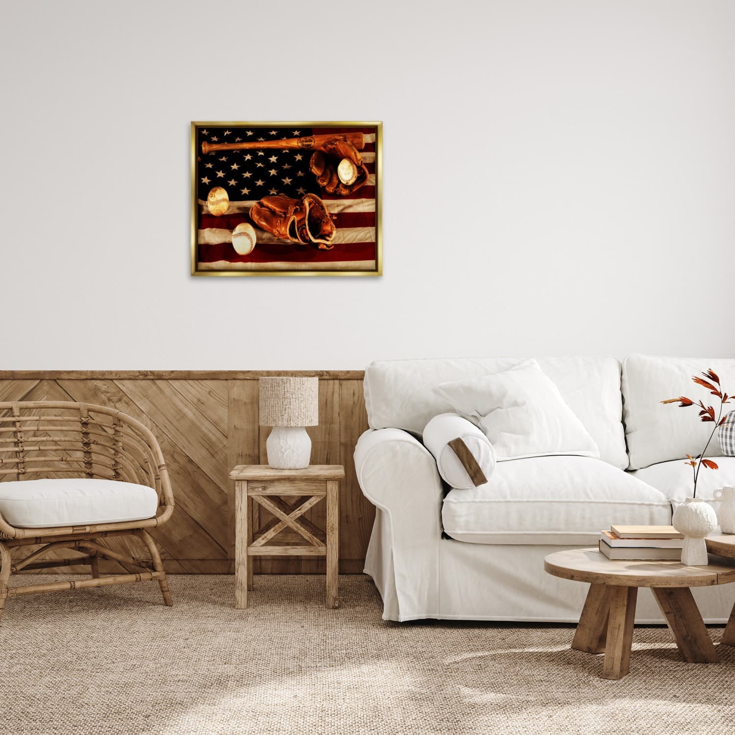 Stupell Industries Vintage American Flag Baseball Photo Floater Framed Art