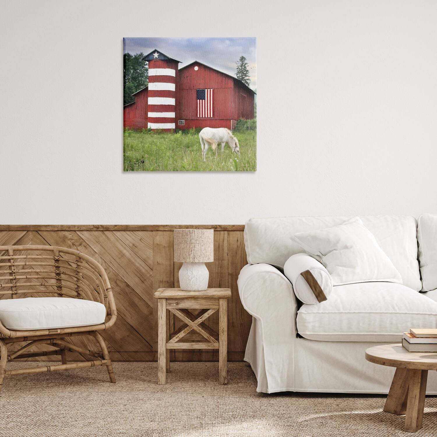 Stupell Industries Grazing White Horse Red Americana Barn Flag Canvas Wall Art