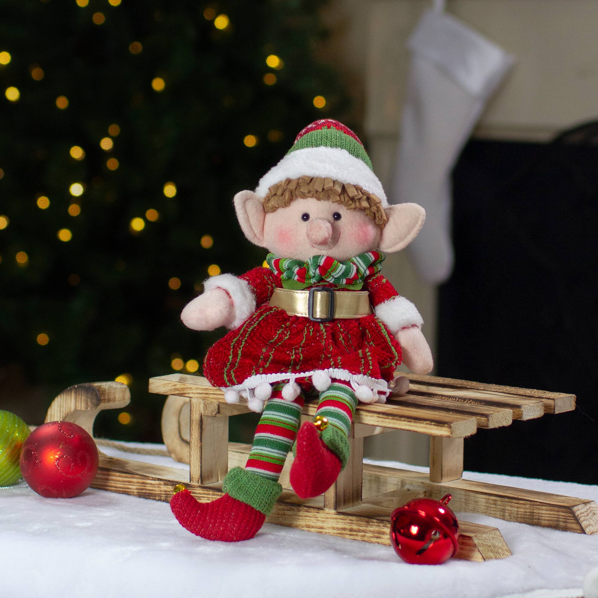 14'' Red and Green Plush Jingle Bell Girl Elf Christmas Figure
