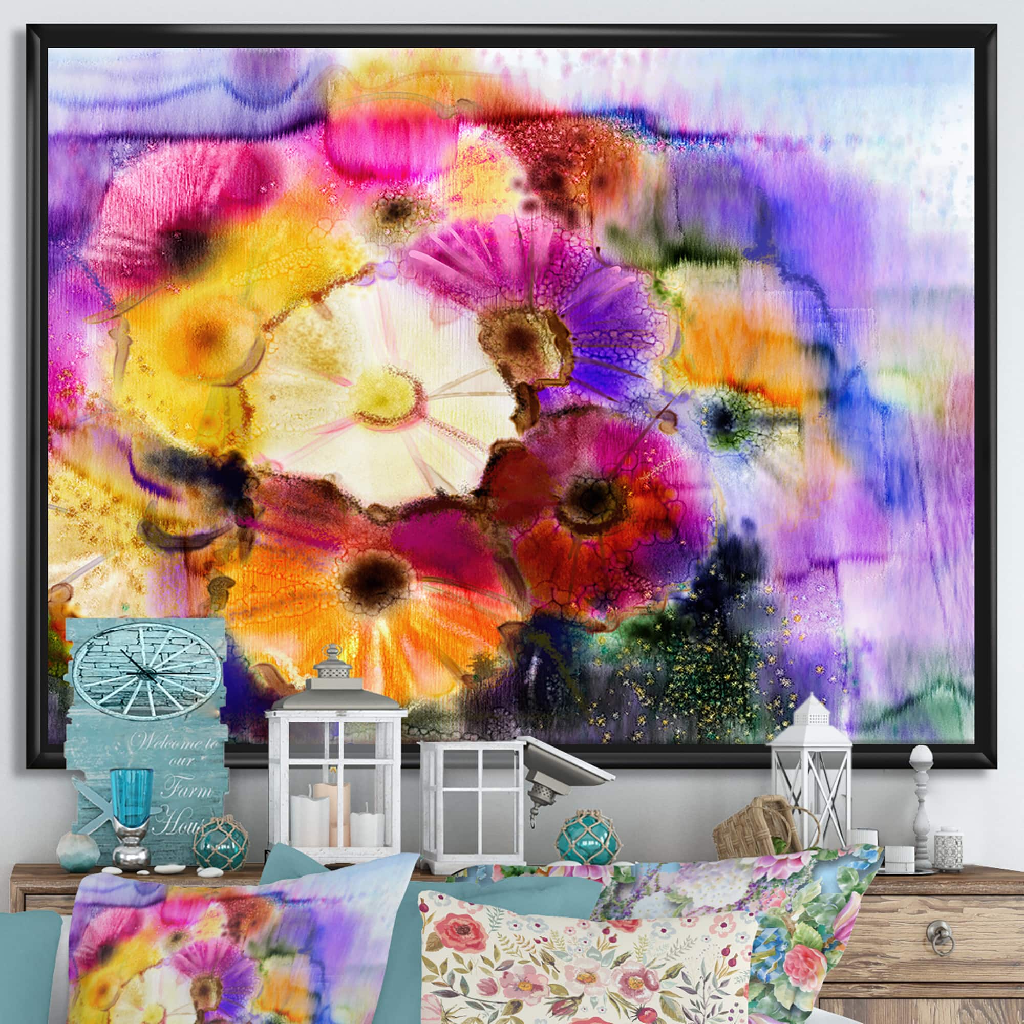 Designart - Daisy Gerbera Flowers In Bouquet - Traditional Canvas Wall Art Print in Black Frame