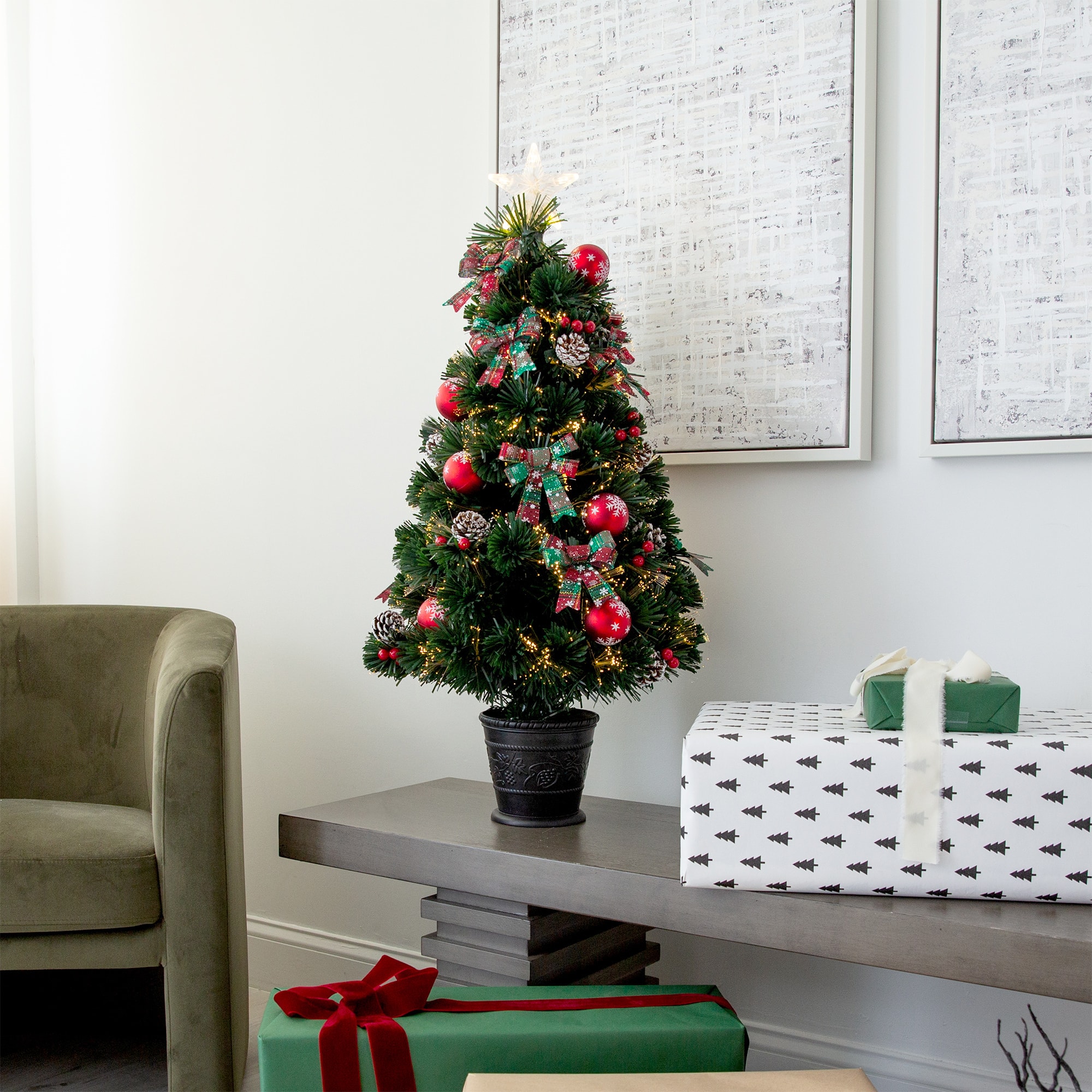 3ft. Pre-Lit Fir Artificial Christmas Tree in Planter, Clear Fiber Optic Lights