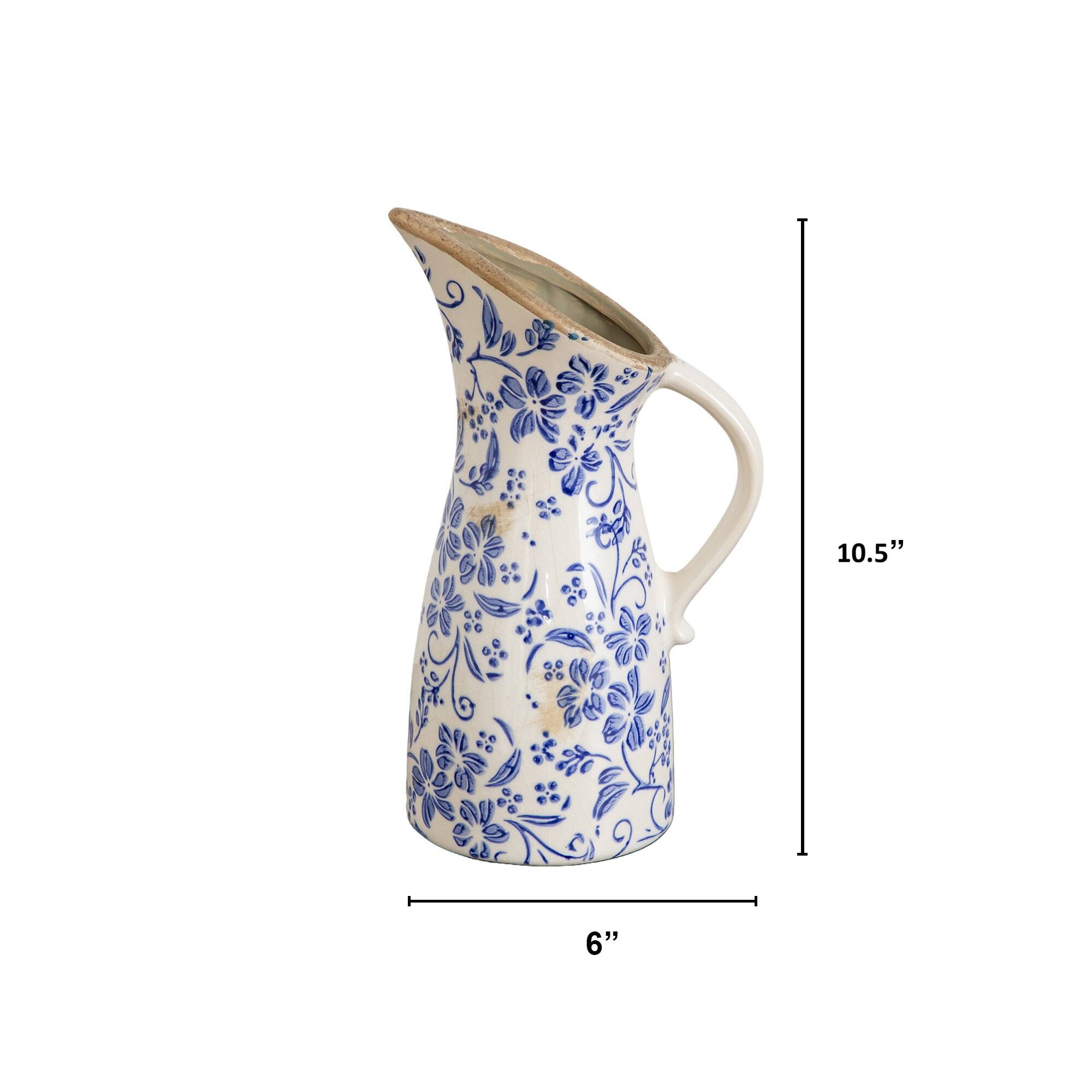 Nearly Natural 10.5" Blue Scroll Floral Tuscan Ceramic Pitcher Vase