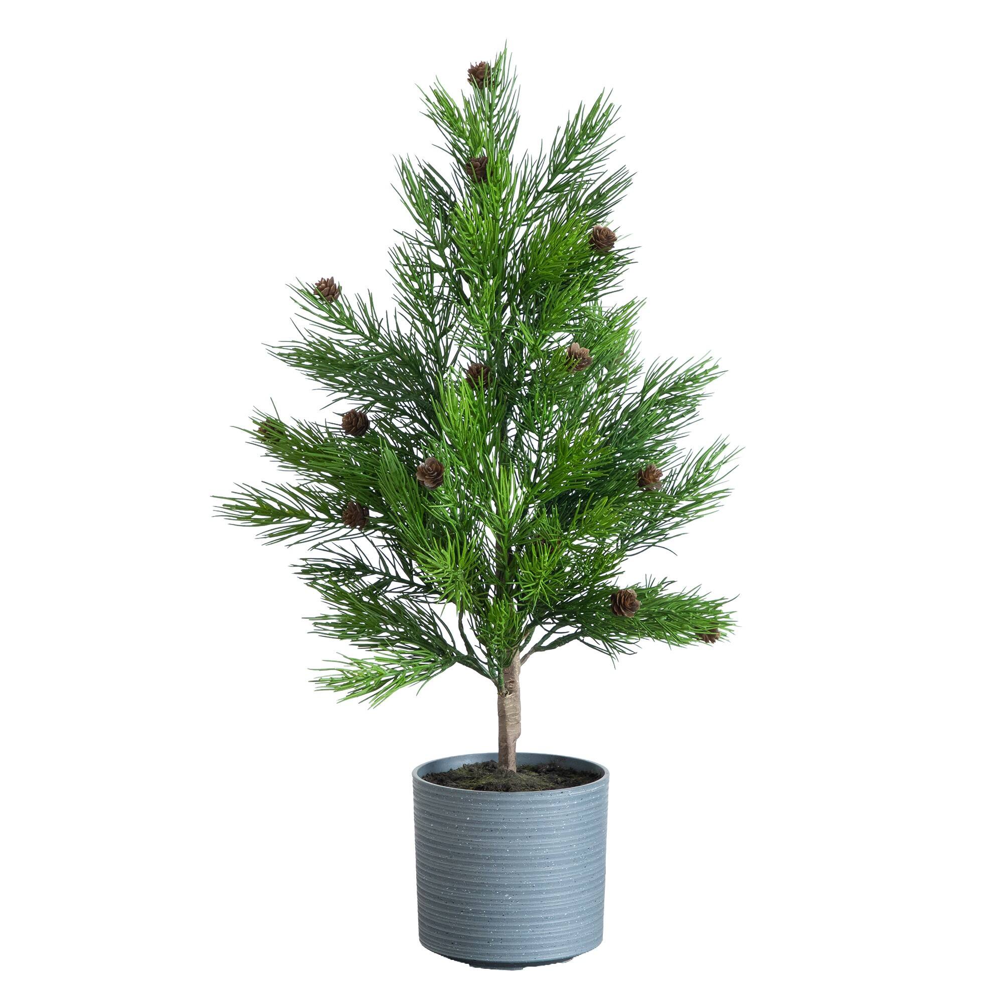 Nearly Natural 22" Artificial Real Touch Cedar Christmas Tree with Pinecones in Gray Decorative Planter