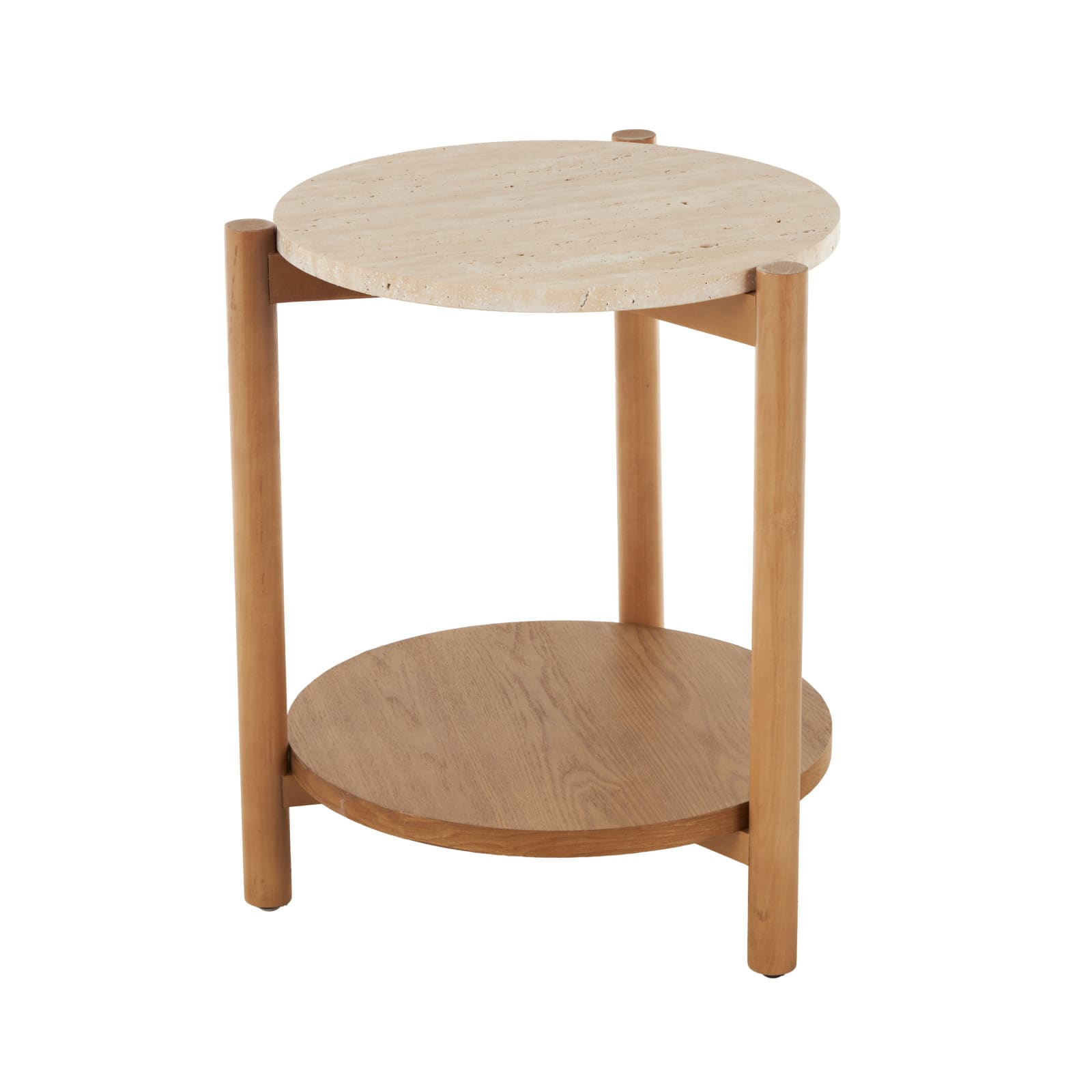 20.25" Brown Wood Handmade Round Side End Accent Table with Beige Marble Top