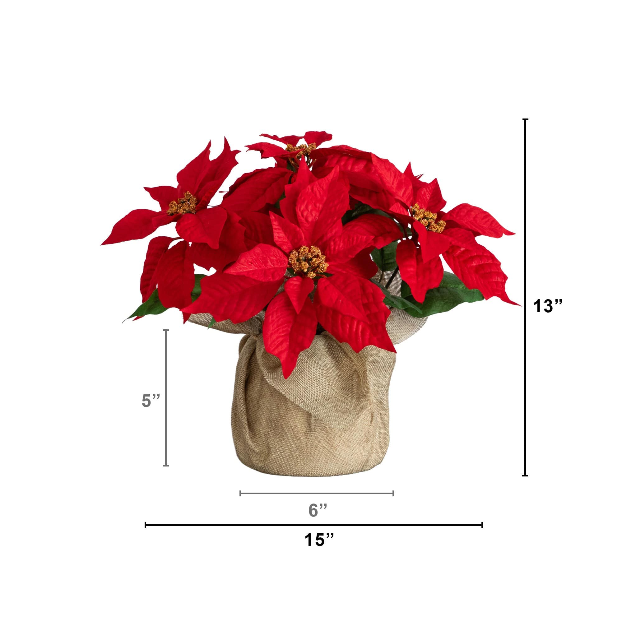 Nearly Natural 13" Artificial Poinsettia Arrangements in Burlap Planters