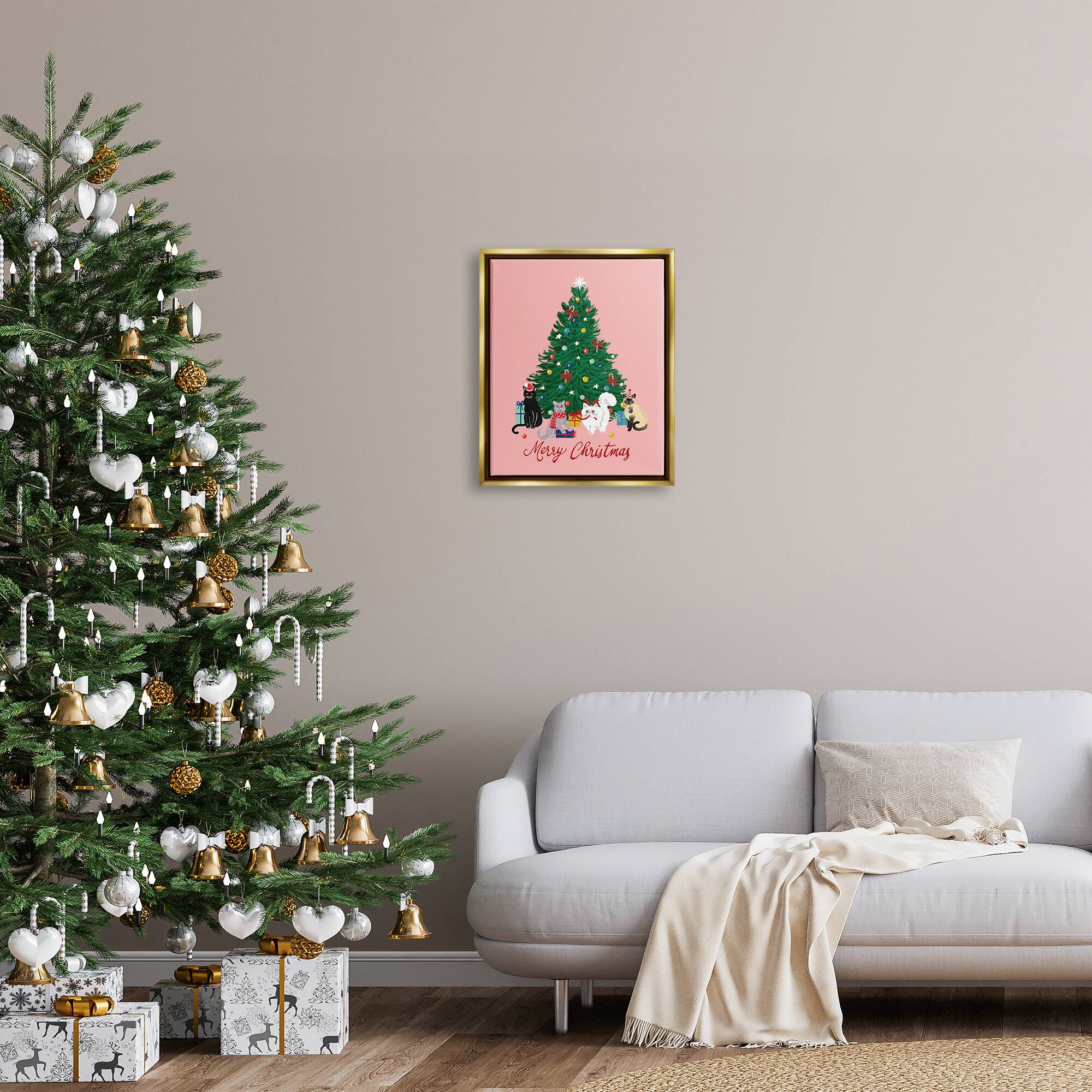 Stupell Industries Merry Christmas Holiday Cats Framed Floater Canvas Wall Art