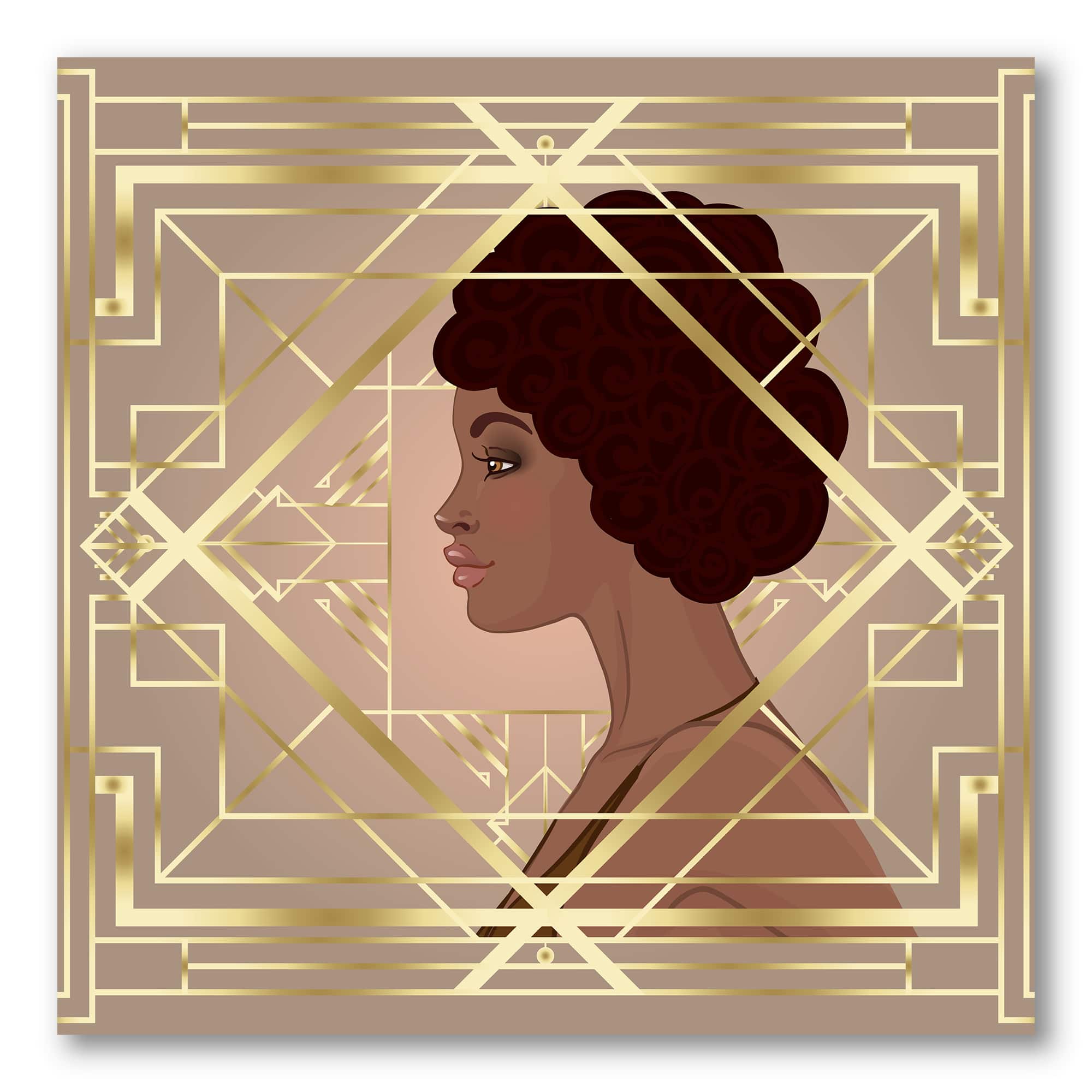 Designart - Retro Women In Golden Art Deco Geometrics II - Modern Canvas Wall Art Print