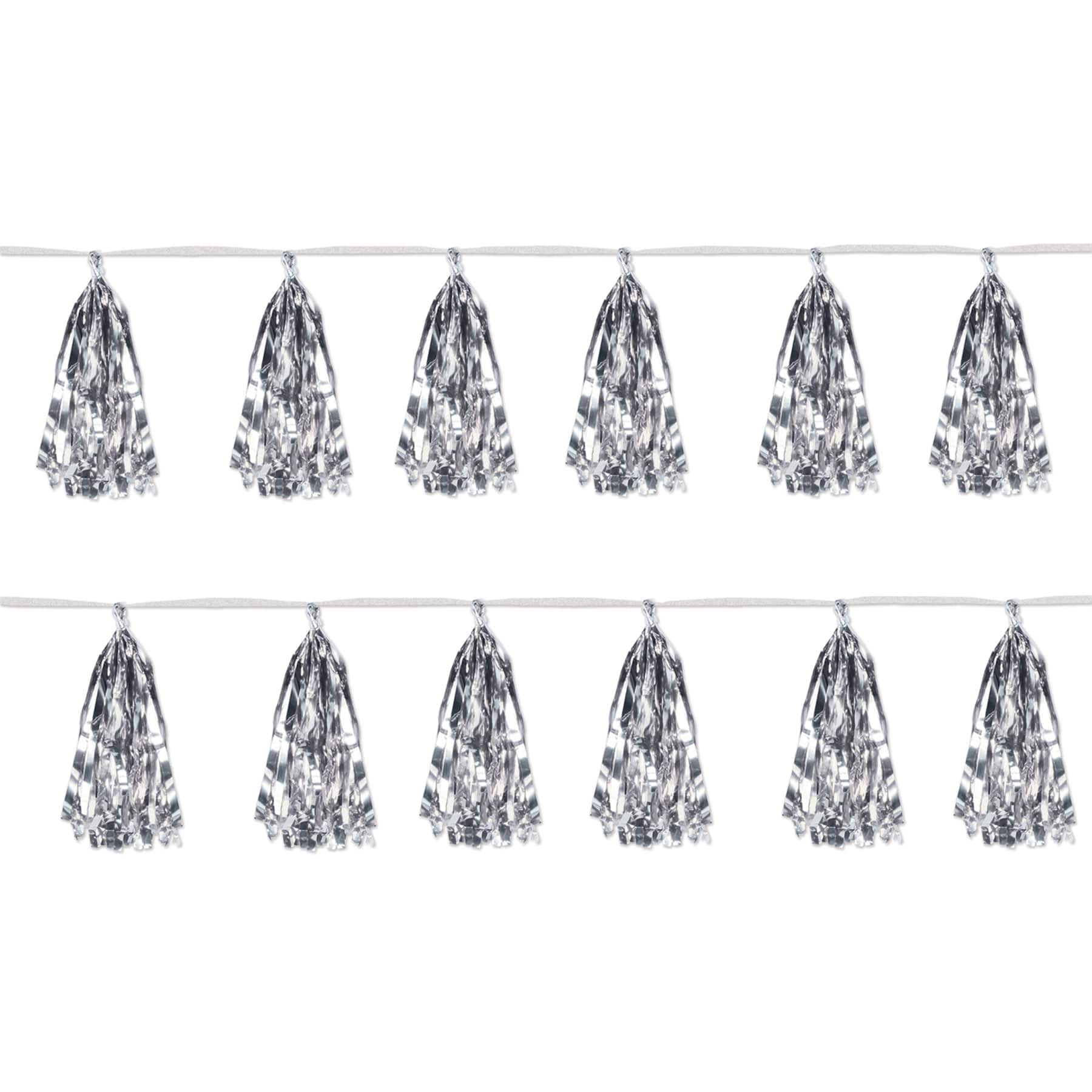 Beistle 9.75" x 8ft. Silver Metallic Tassel Garlands, 2ct.