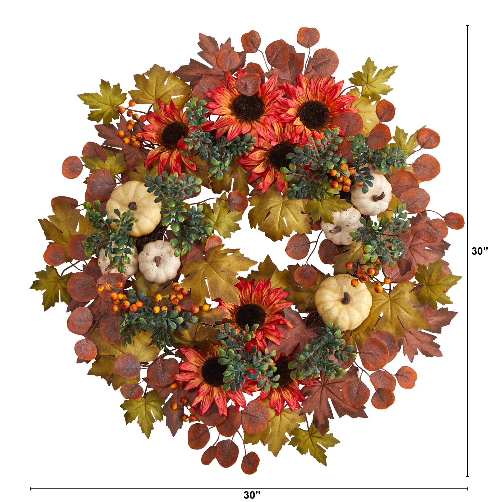 30" Fall Acorn, Sunflower, Berries & Autumn Foliage Wreath