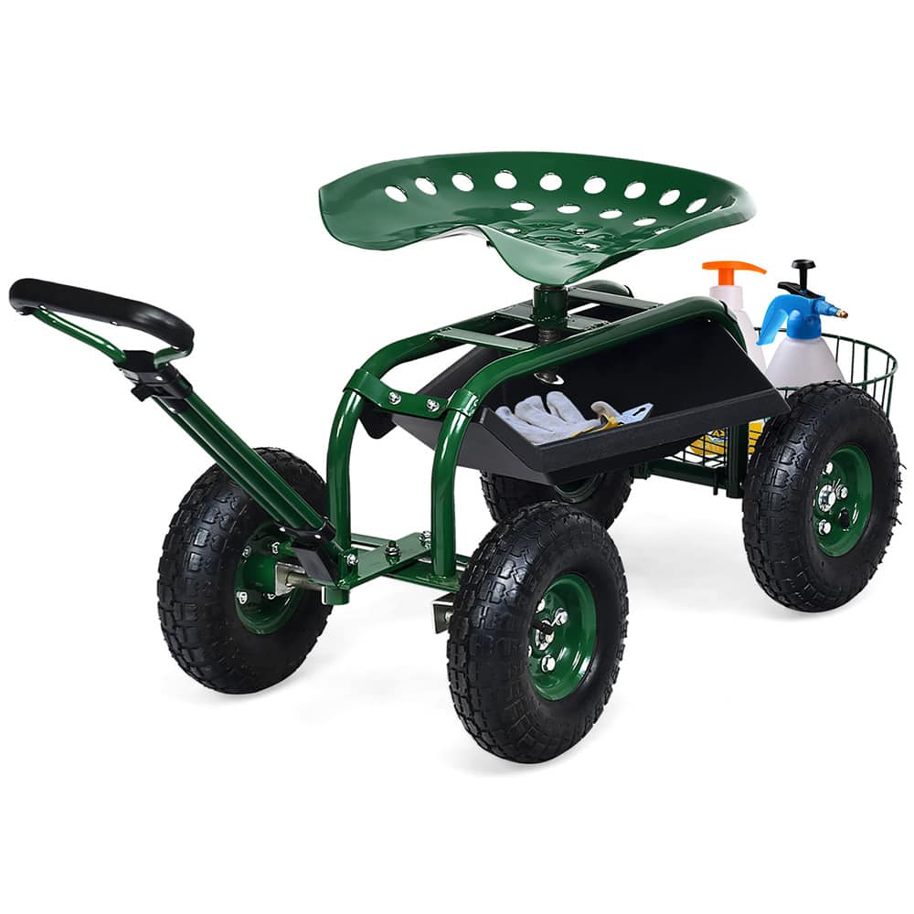 Costway Green & Black Garden Cart Rolling Work Seat with Tray Basket Extendable Handle