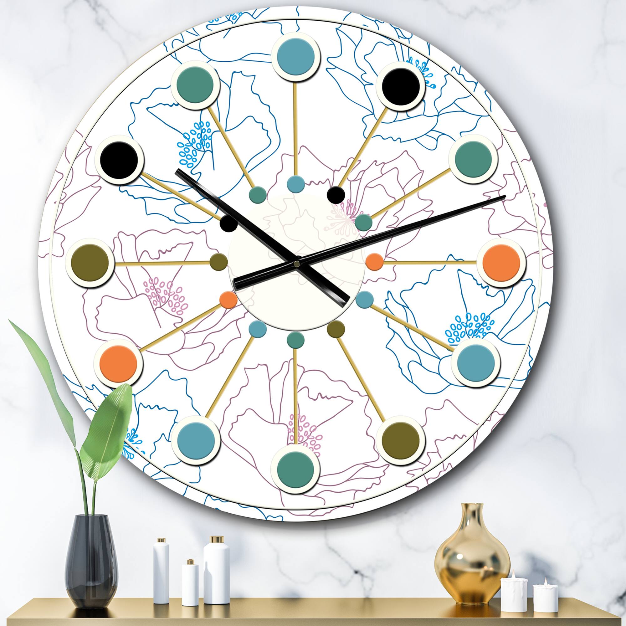 Designart 'Retro Handdrawn Poppies I Mid-Century Modern Wall Clock