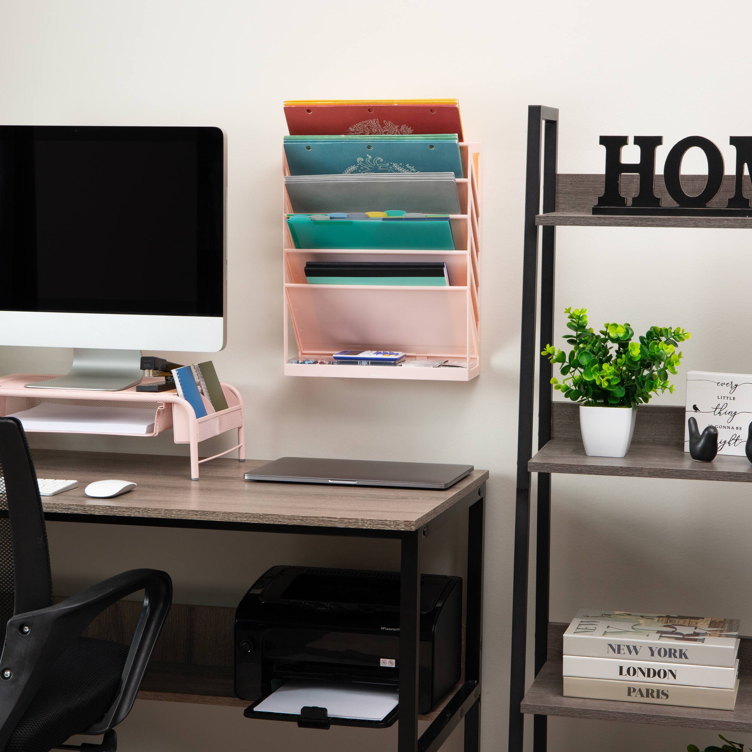 Mind Reader 5-Tier Vertical File Storage, Desktop Organizer, Wall Mount, Office, Plastic, Pink