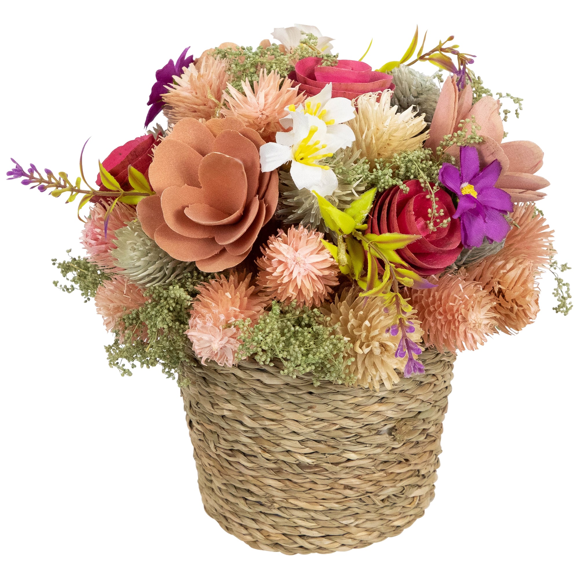 7" Wooden Mixed Floral Artificial Spring Arrangement with Pot