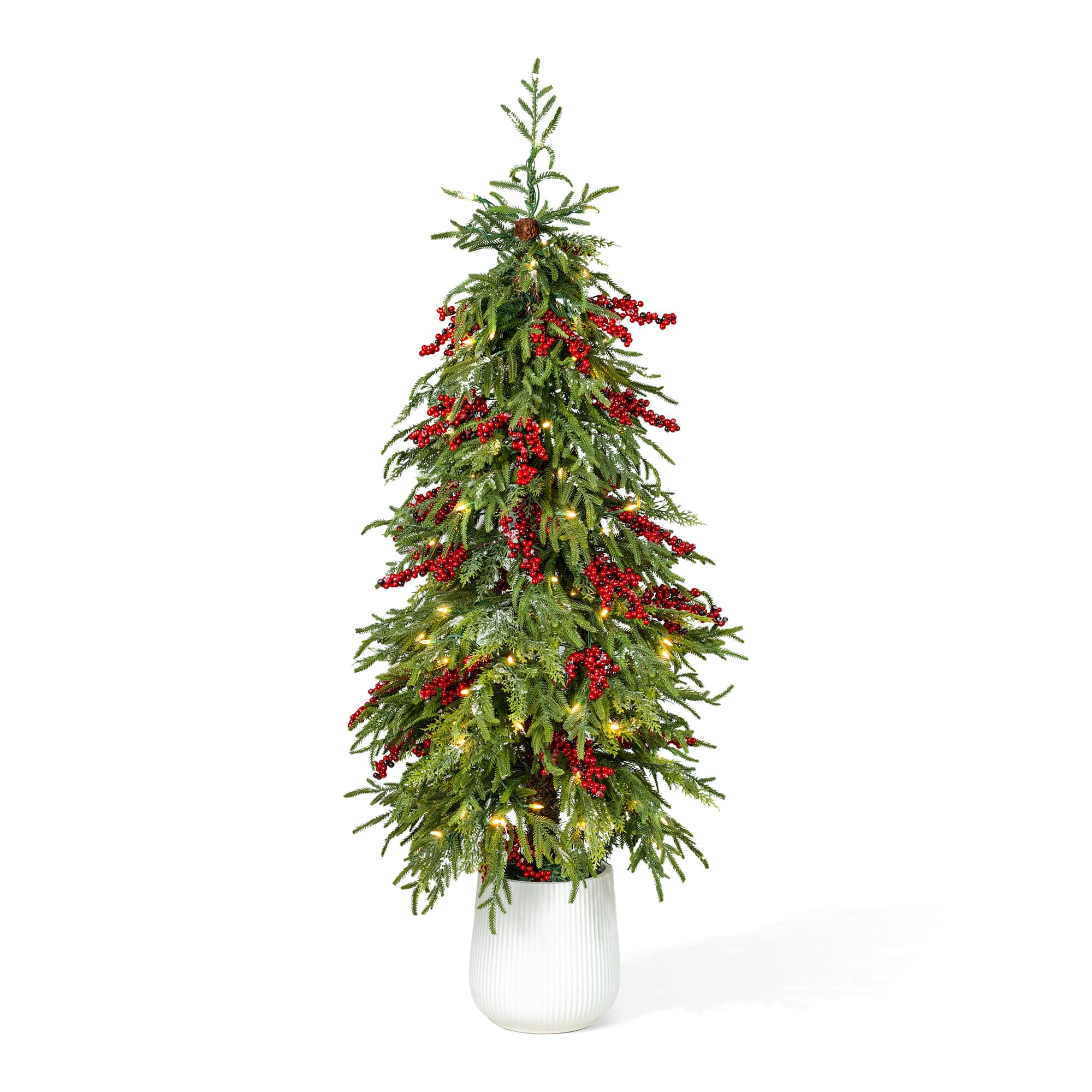 Glitzhome 5ft Pre-Litnorfolk Pine Berry Porch 4 1/2 Foot Pre-Lit Multi-Function Lights Pine Christmas Tree, One Size, Green
