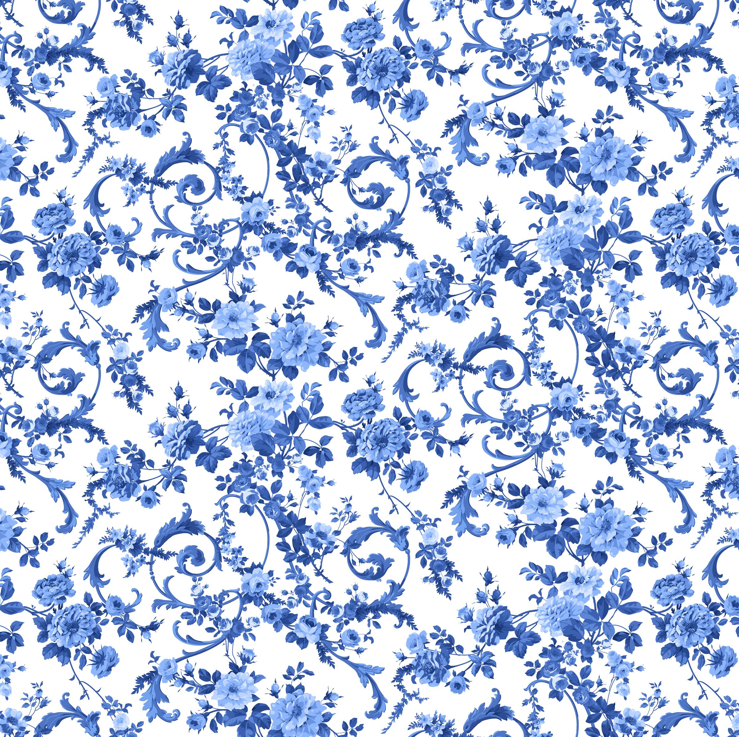 Northcott Blue & White Porcelain Rose Scroll Cotton Fabric