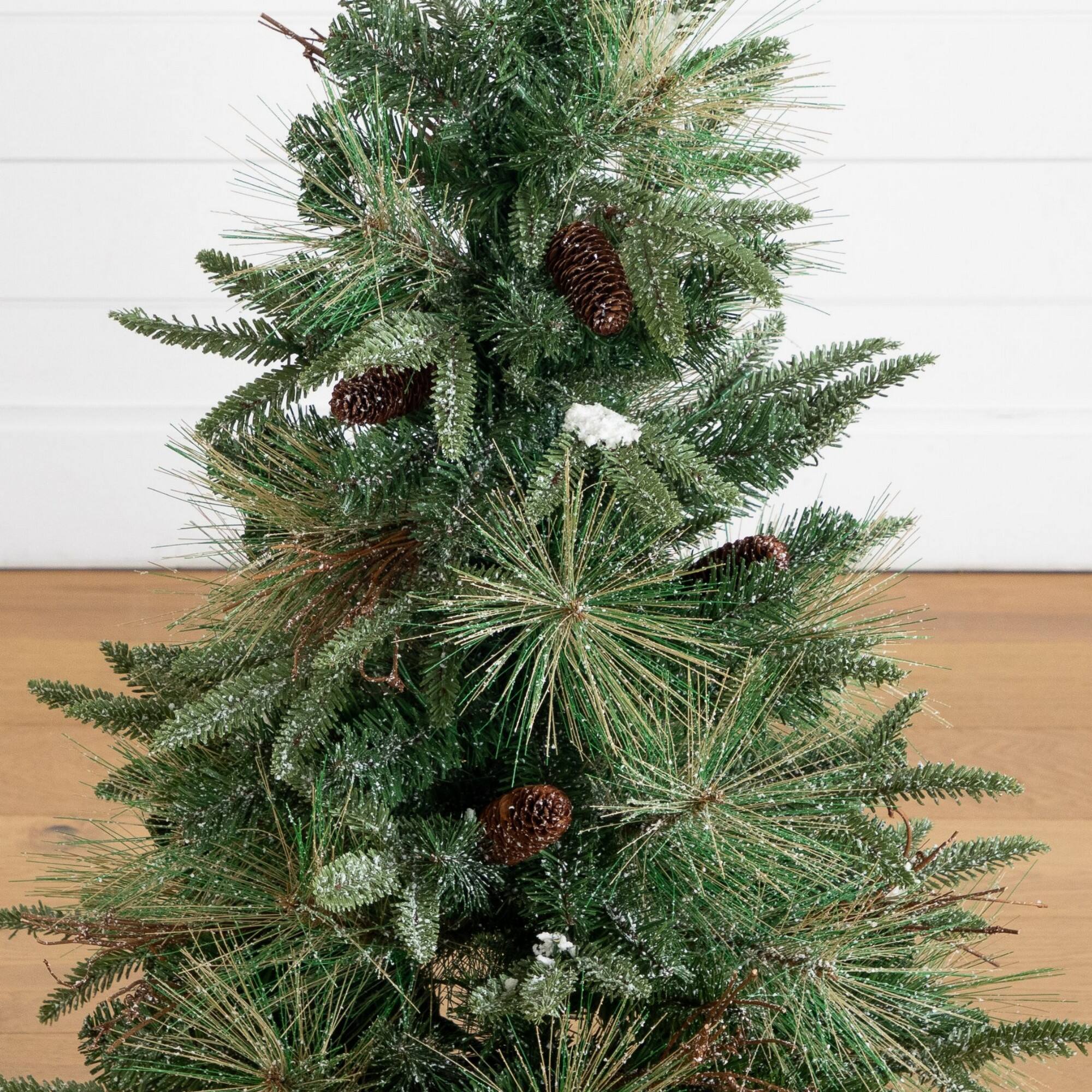 Nearly Natural 3ft. Pre-Lit Artificial Snowed Mixed Pine & Pinecone Christmas Tree in Gold Decorative Planter, Warm White LED lights