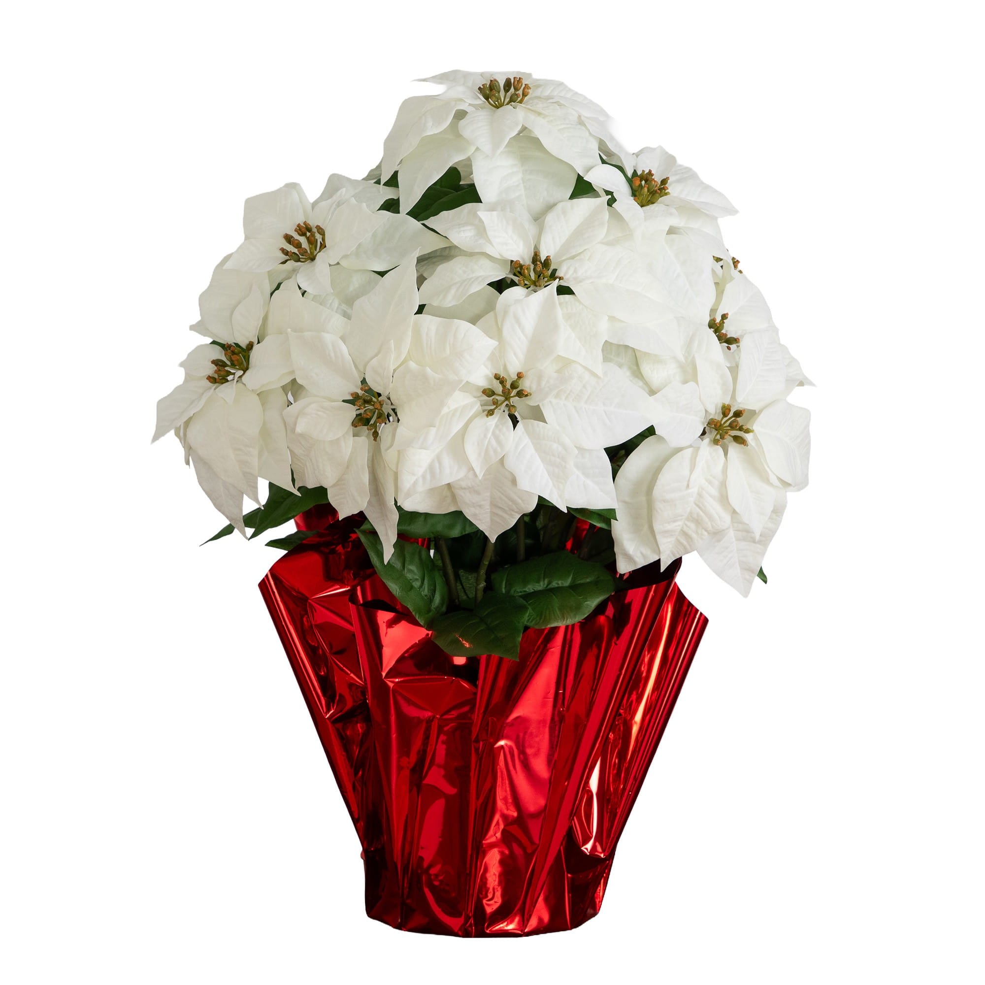 Nearly Natural 30" White Artificial Grand Velvet Poinsettia Arrangement in Red Wrapped Planter