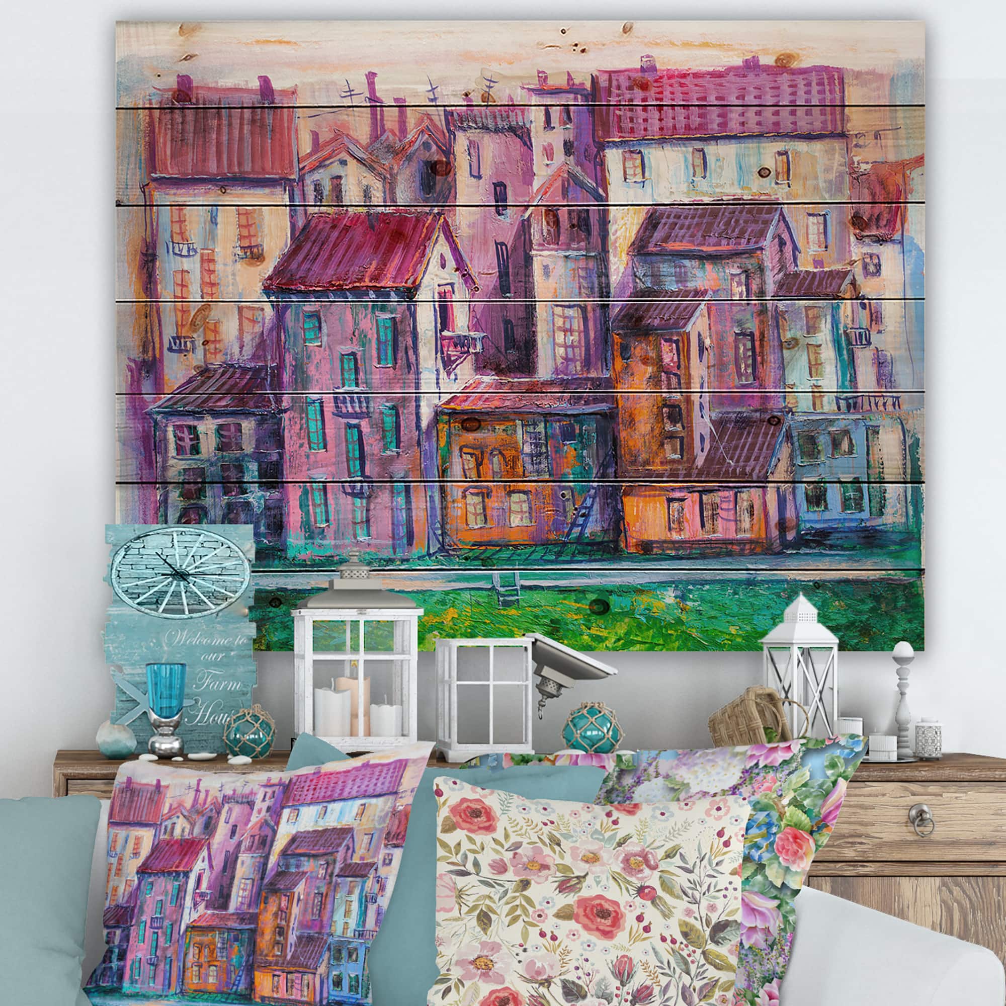 Designart - Street With Colorful Old Homes - Modern Print on Natural Pine Wood