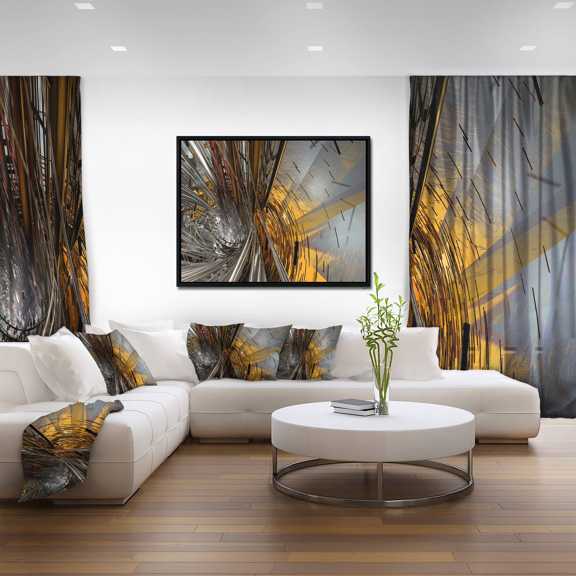 Designart - Fractal Yellow Connected Stripes - Abstract Canvas Art Print in Black Frame