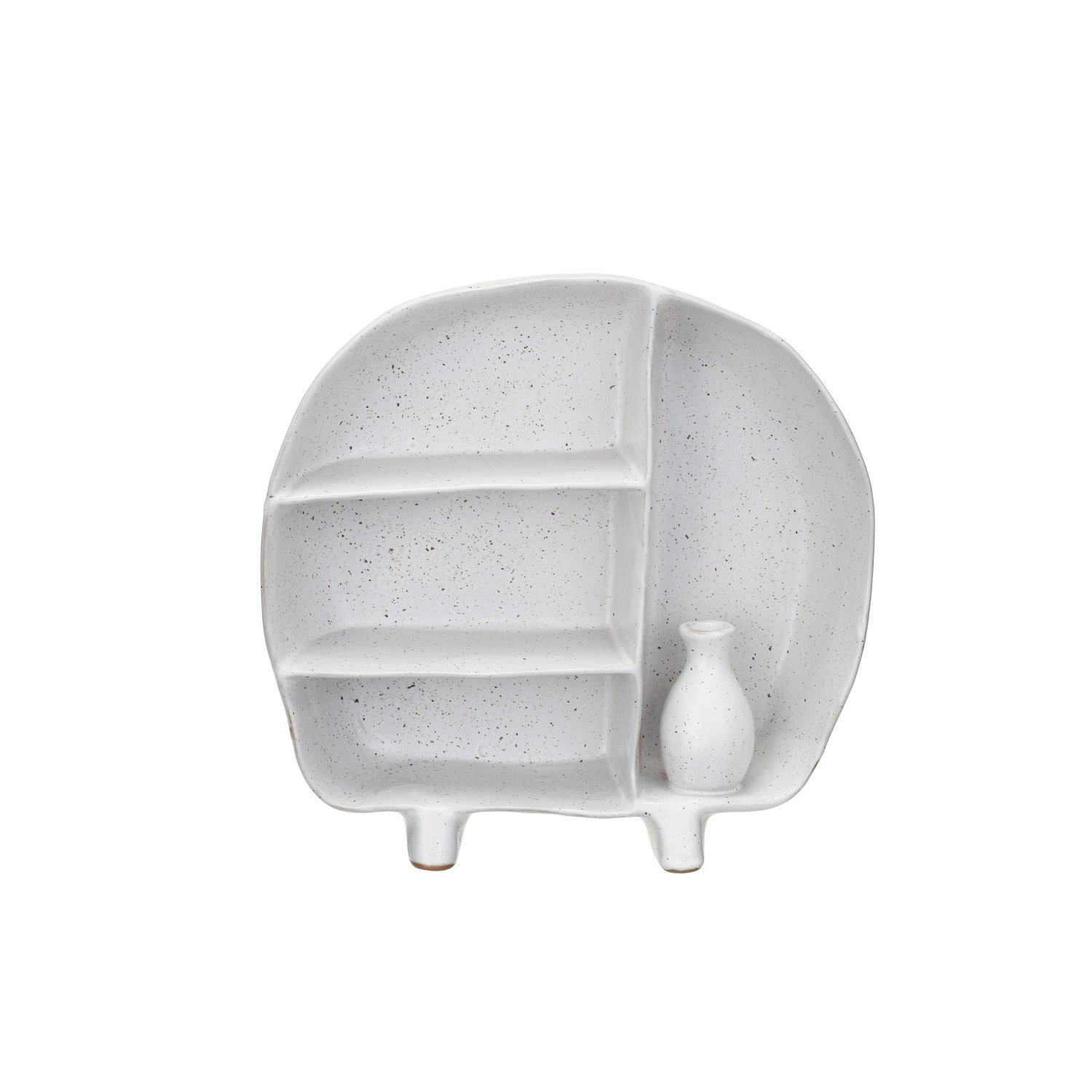 Hello Honey® 8.5" Cream Stoneware Footed Shelf with 4 Compartments & Attached Vase with Reactive Glaze