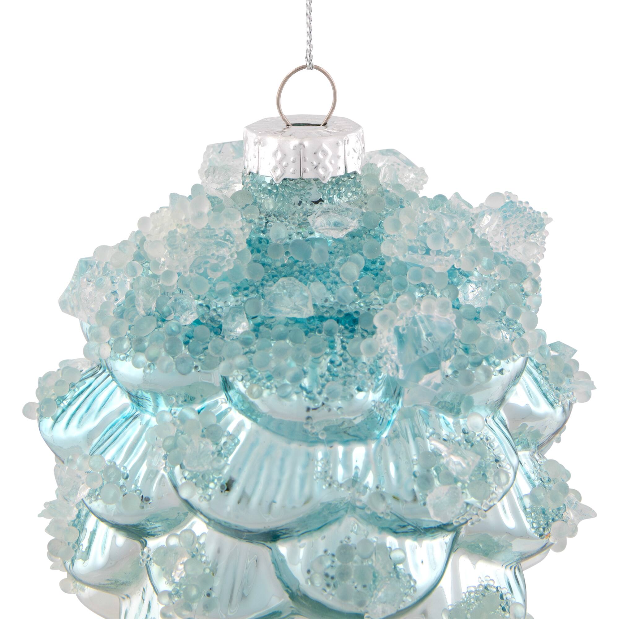 Icy Pine Cone Glass Christmas Ornament - 4.75" - Blue and White