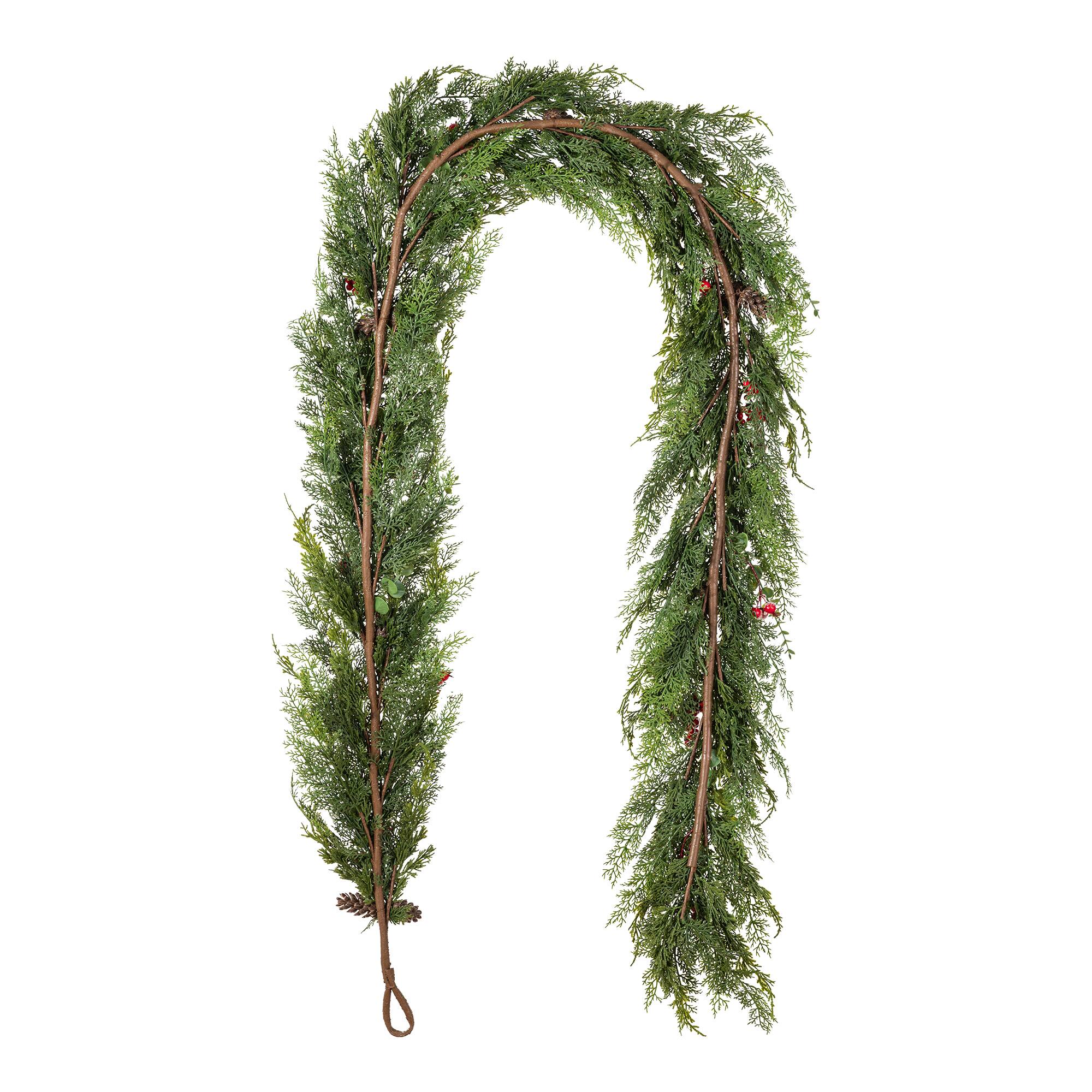 Glitzhome® 9ft. Christmas Greenery Frosted PE Dripping Garland with Pinecones & Red Berries