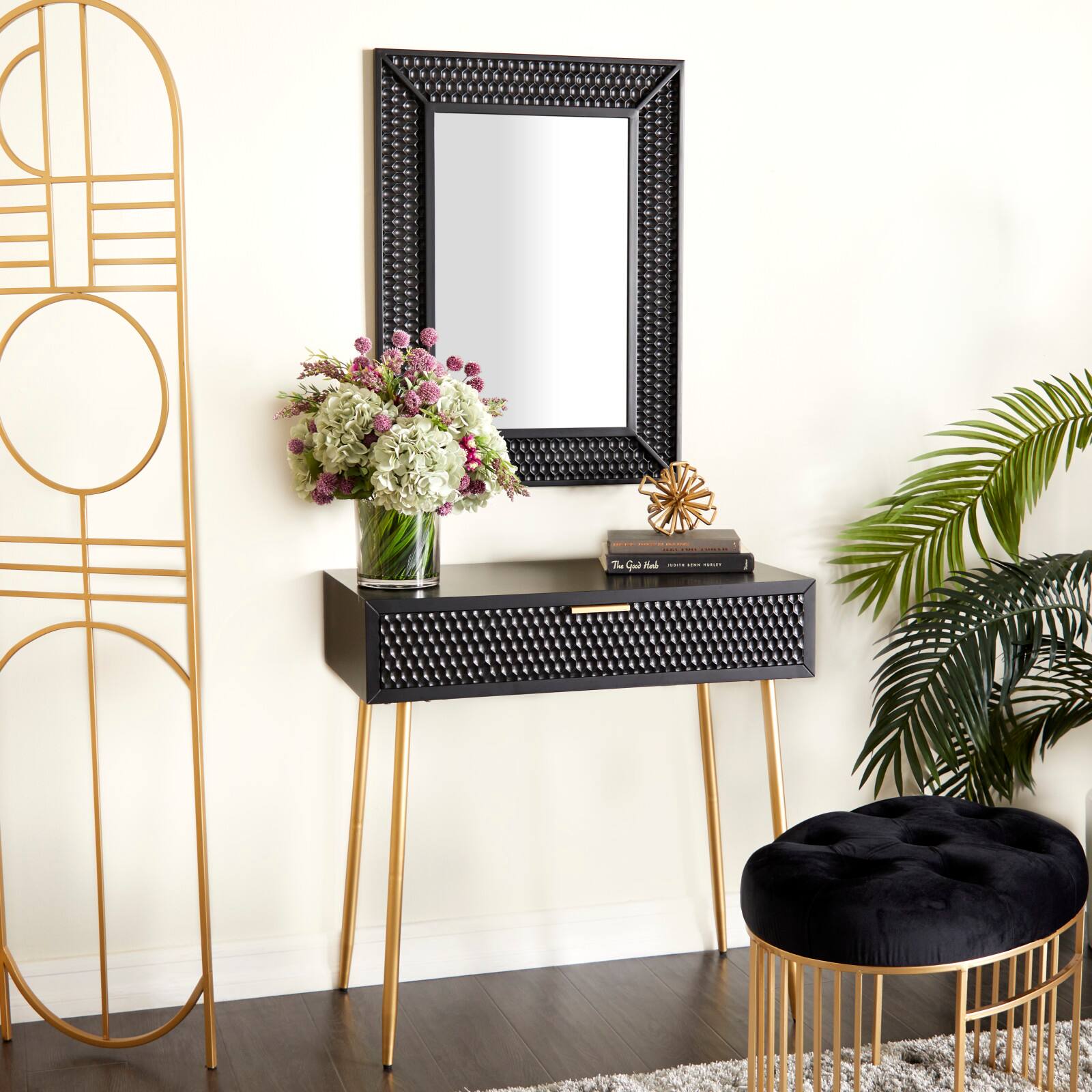 Set of 2" Black Wood Contemporary Console Table with Mirror, 31" x 31" x 16"