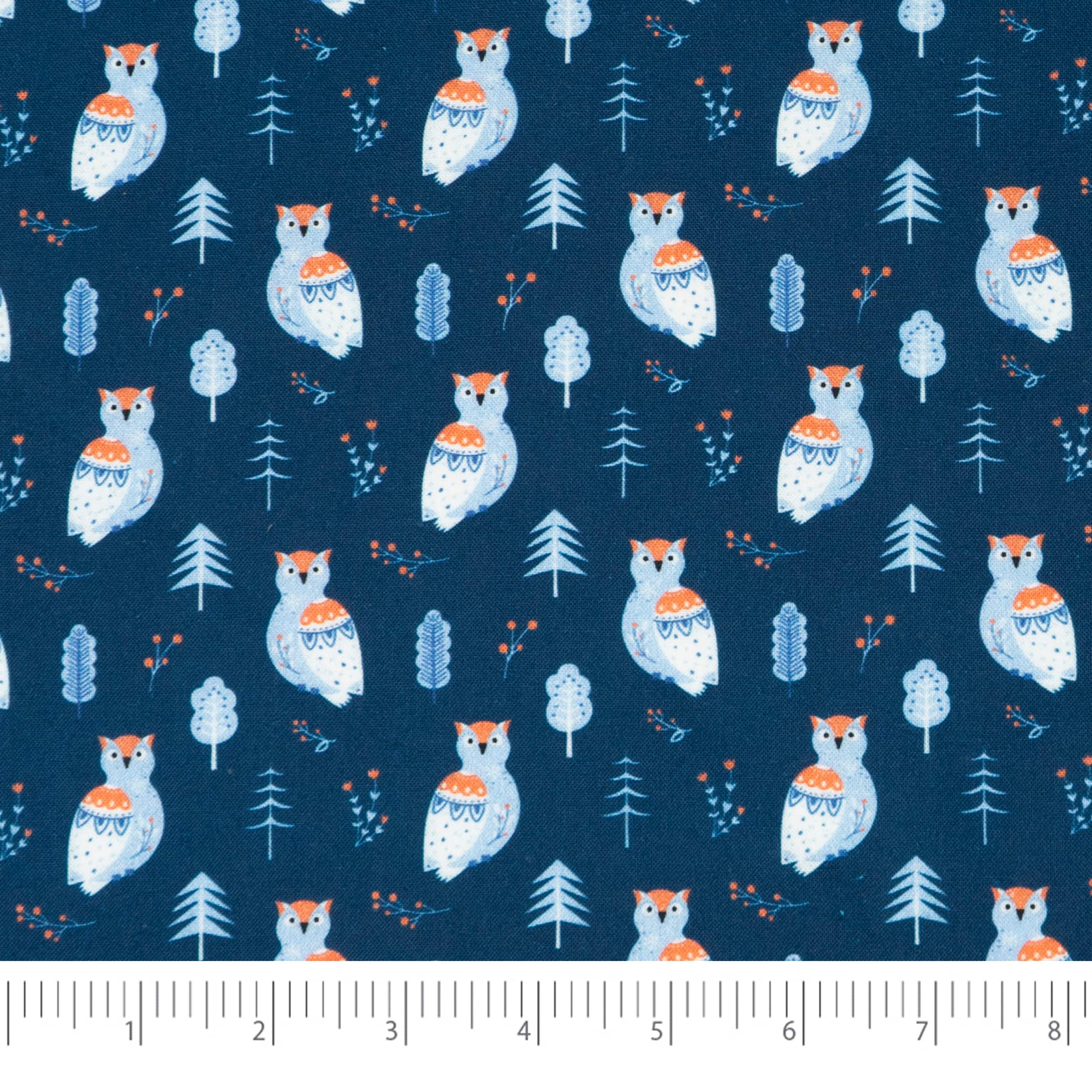 Singer Navy Modern Scandinavian Christmas Owl Printed Cotton Fabric