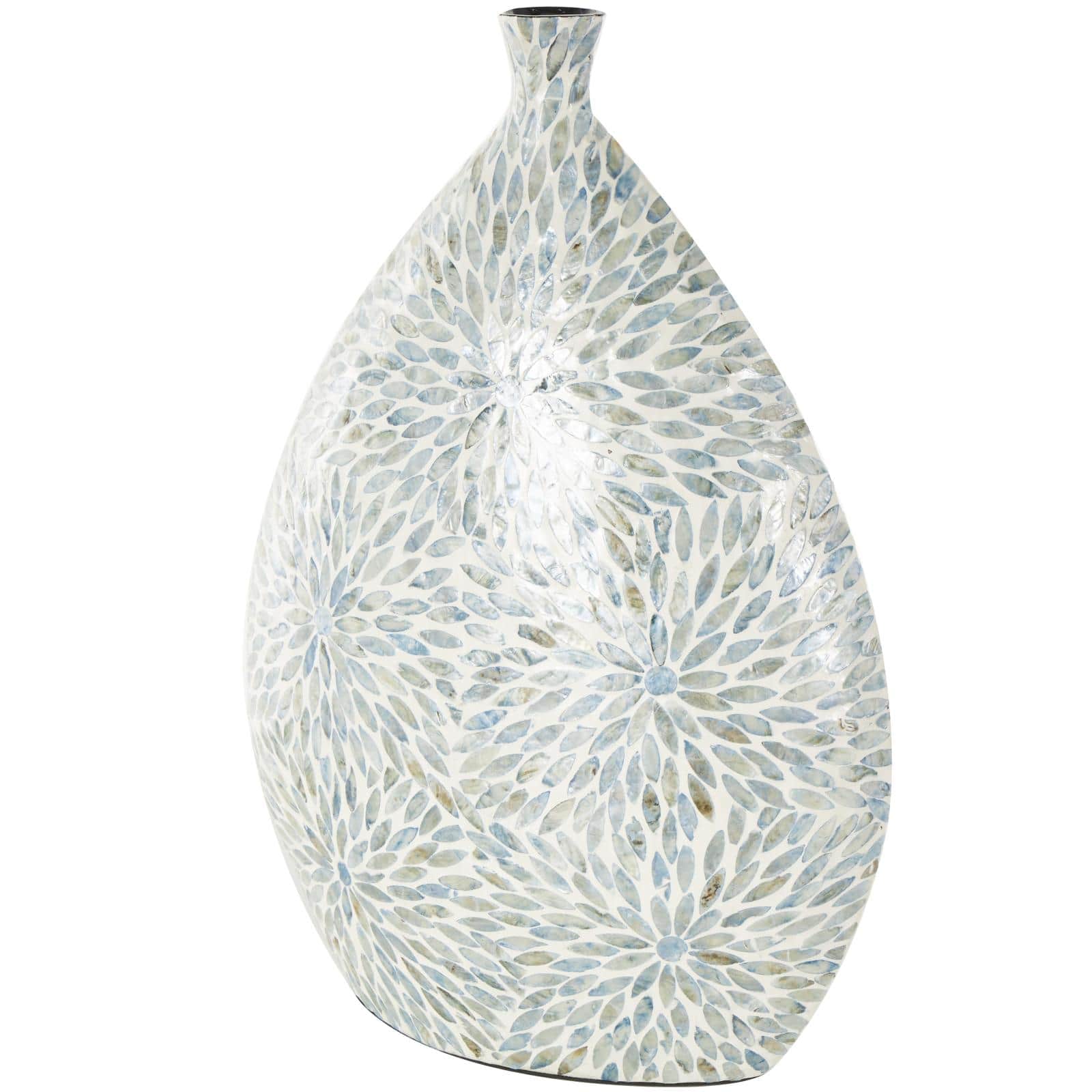 24.25" Blue & Cream Floral Mosaic Mother of Pearl Vase