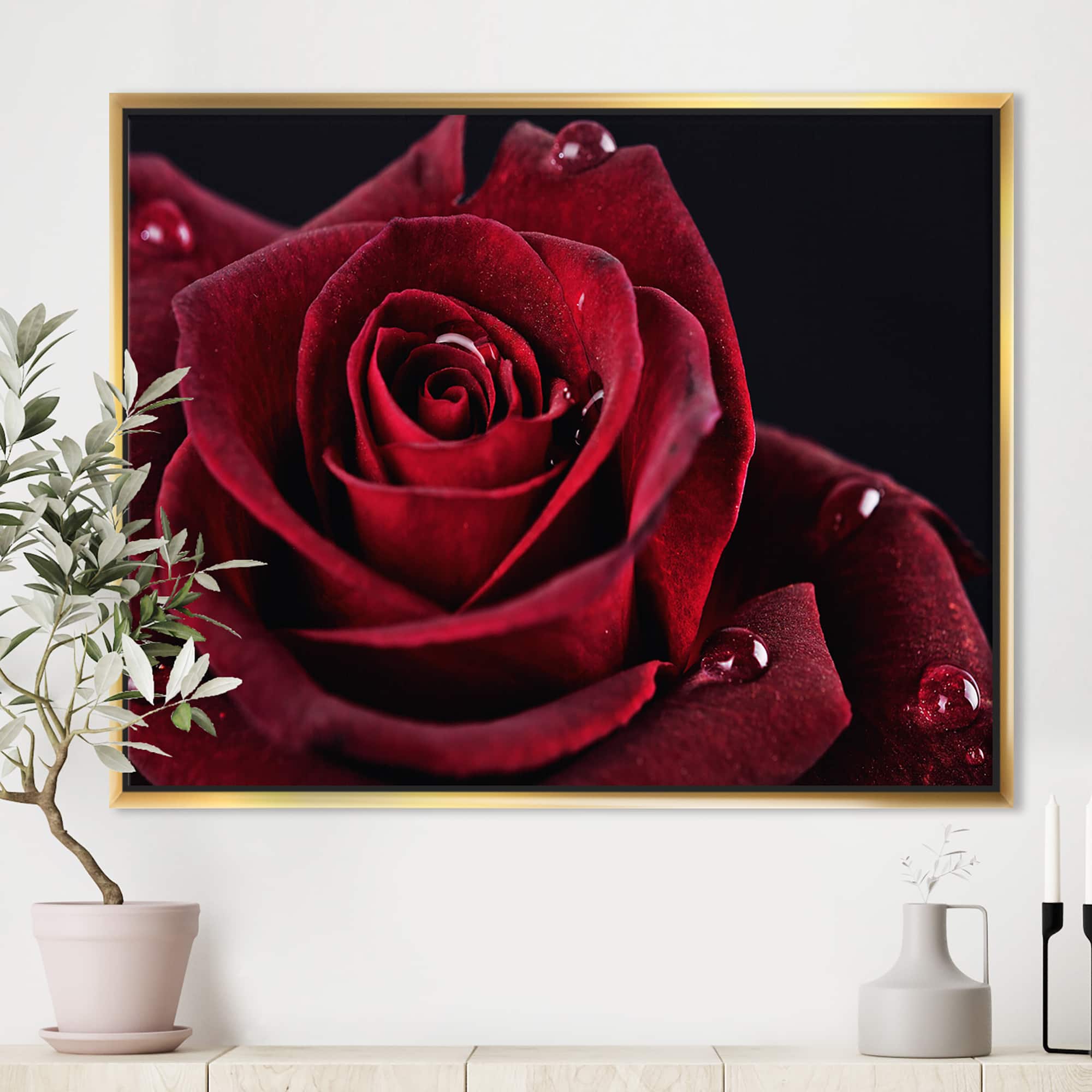Designart - Red Rose with Raindrops on Black - Flowers Framed Canvas Wall Artwork