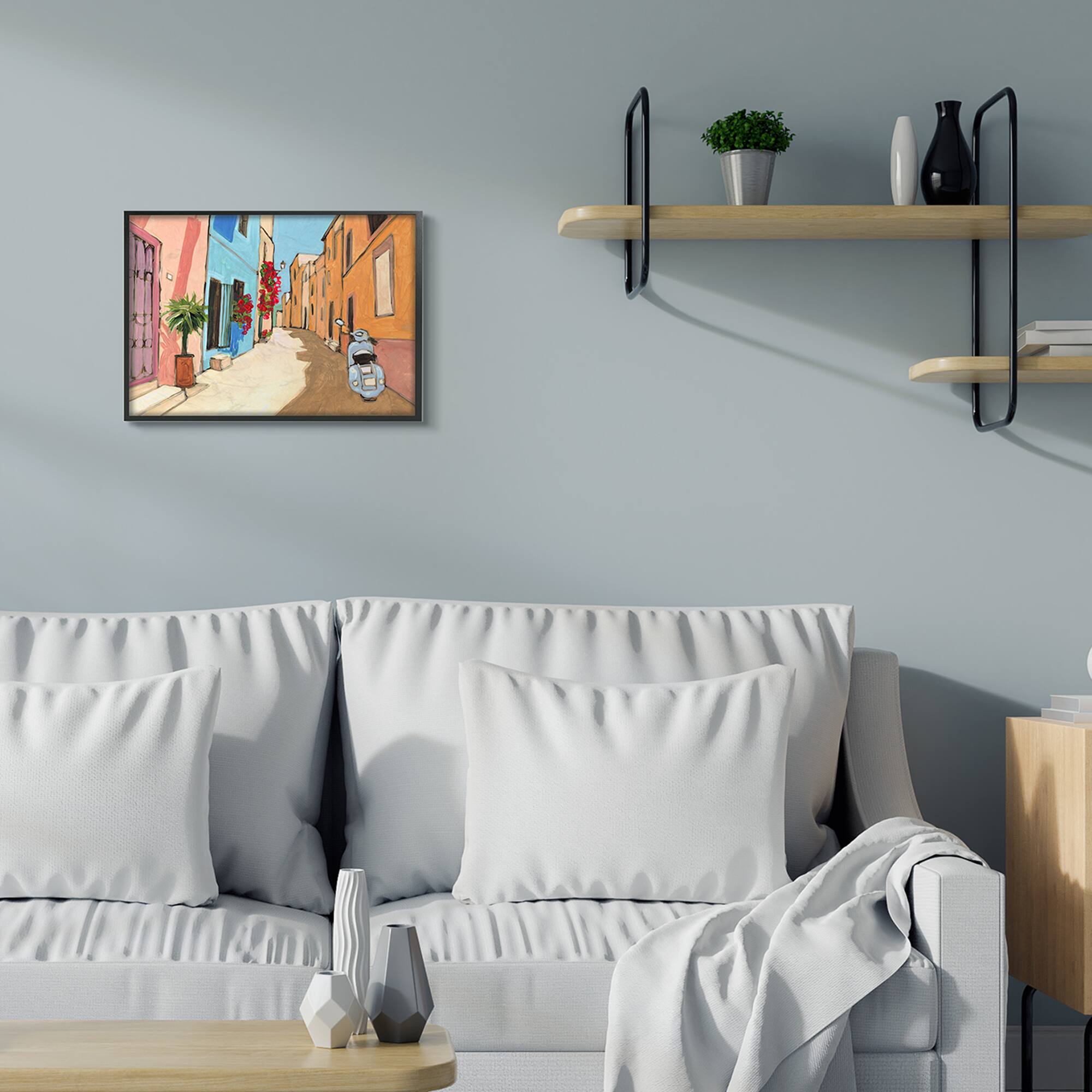 Stupell Industries European Roadside with Blue Street Vespa Wall Art in Frame