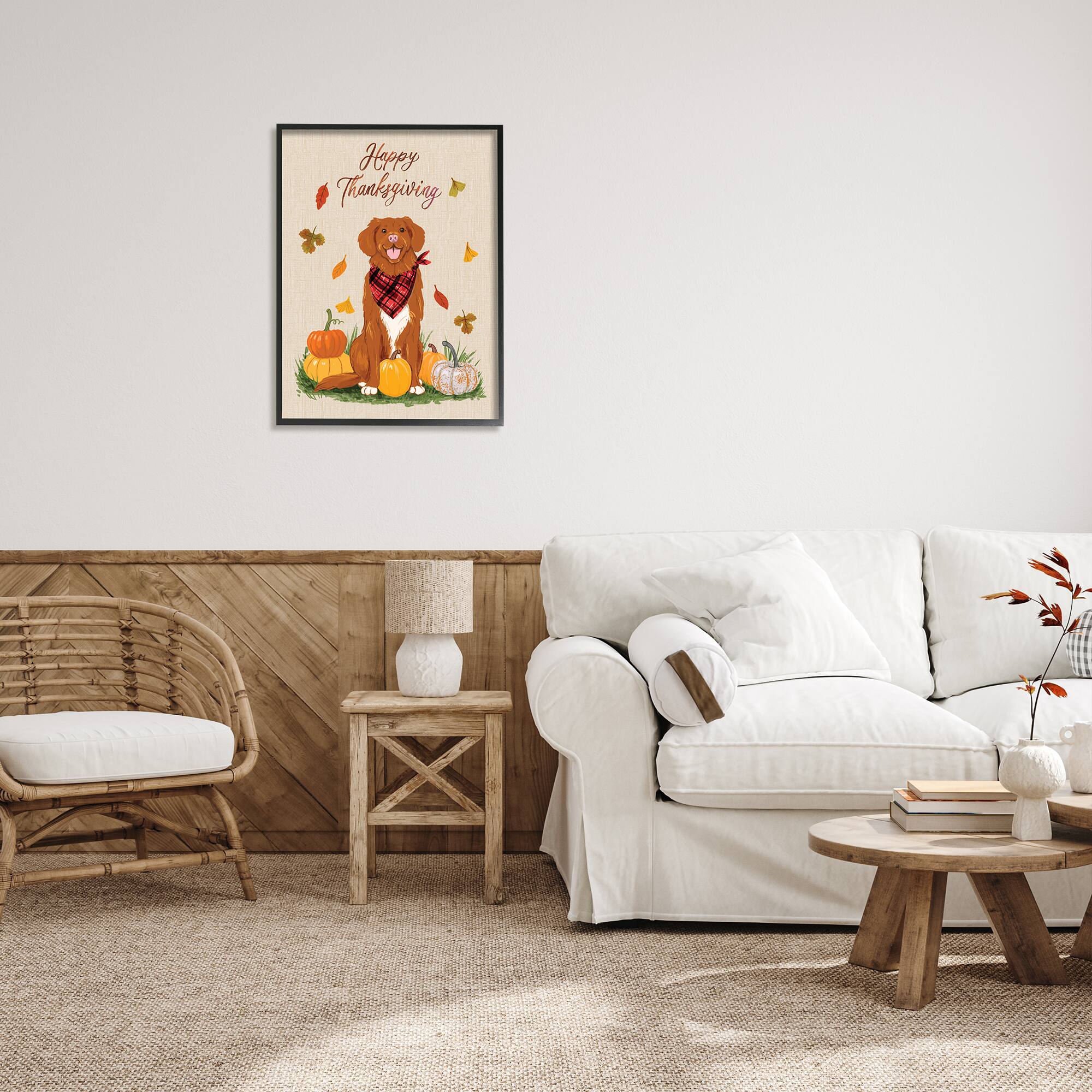 Stupell Industries Happy Thanksgiving Pumpkins Dog Framed Giclee Art