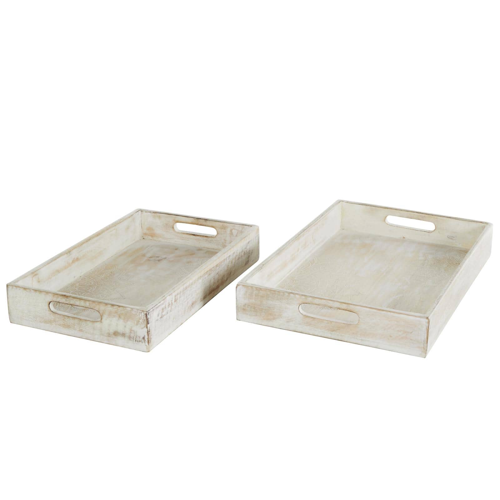 Whitewashed Carved Mandala Mango Wood Tray Set