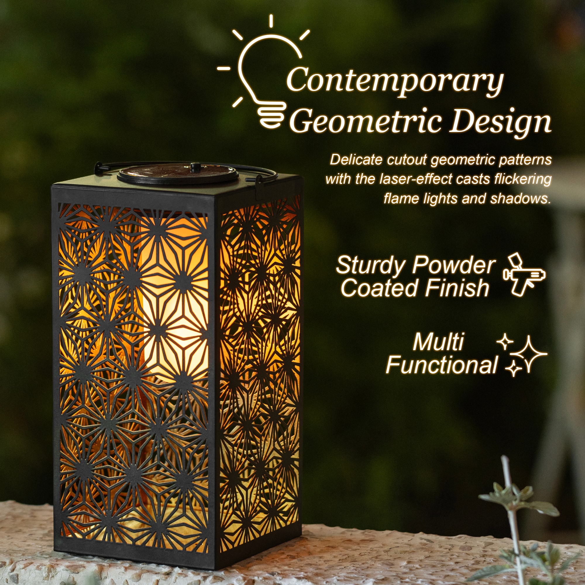 Glitzhome® 11" Set of 2 LED Black Metal Cutout Pattern Solar Powered Hanging Lantern
