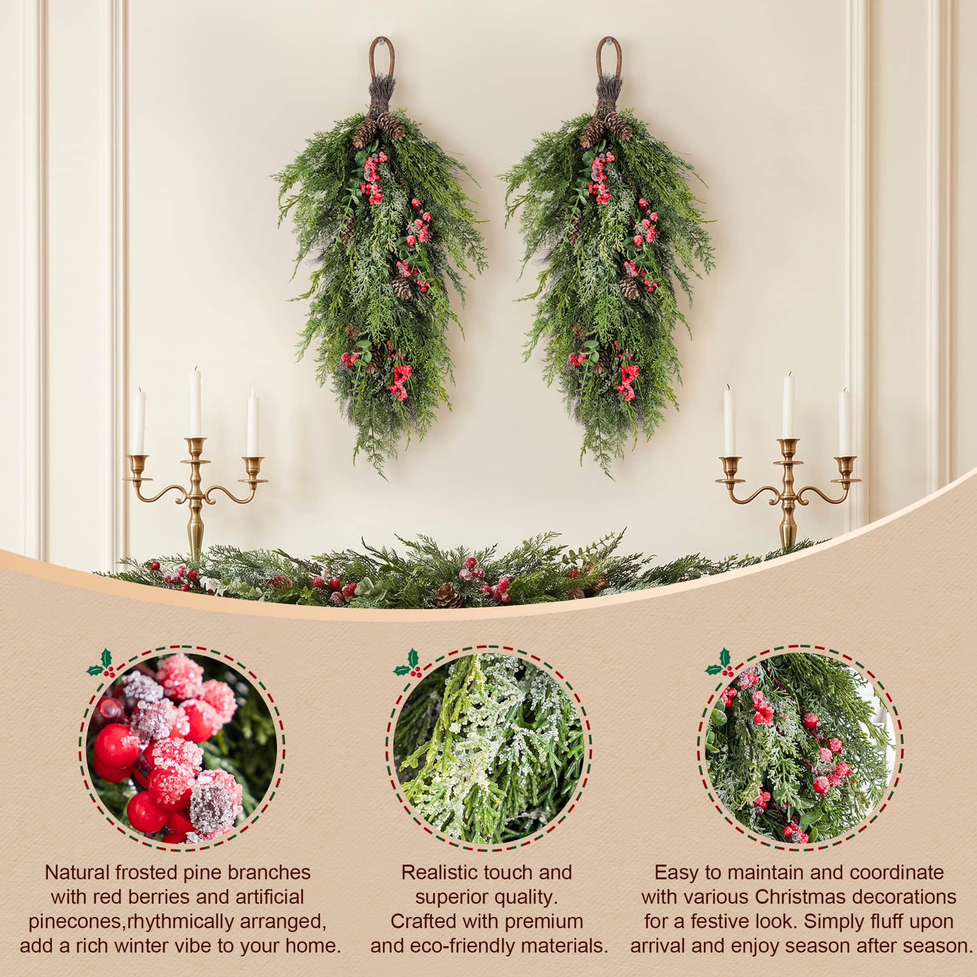 Glitzhome® 31.5" Christmas Greenery Frosted PE Teardrop with Pinecones & Red Berries