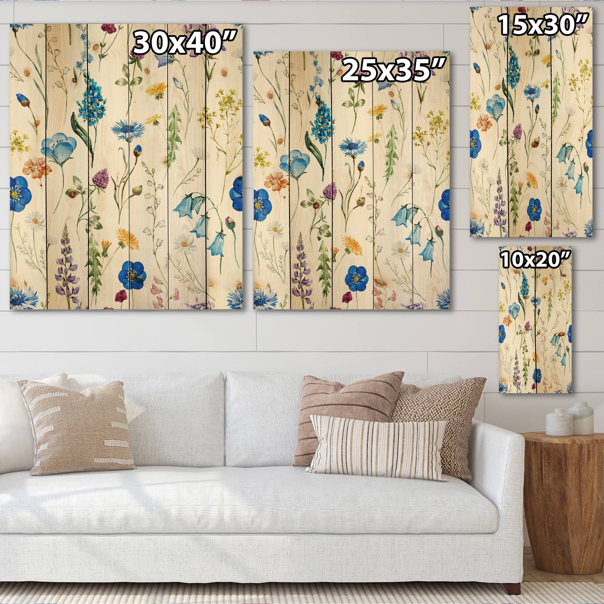 Designart - Blue Wild Flowers - Traditional Print on Natural Pine Wood
