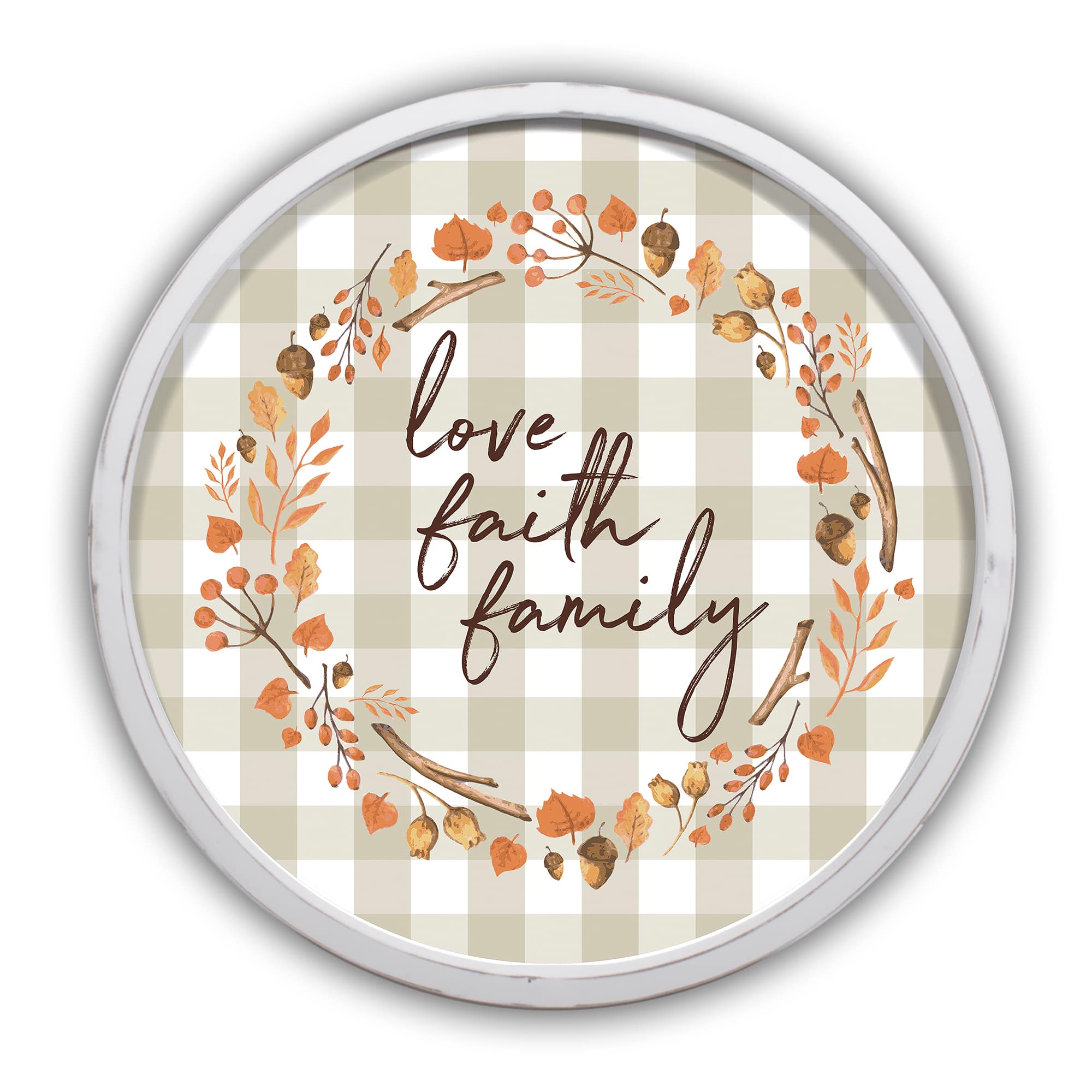 Love Faith Family Script 20" x 20" Round White Framed Print
