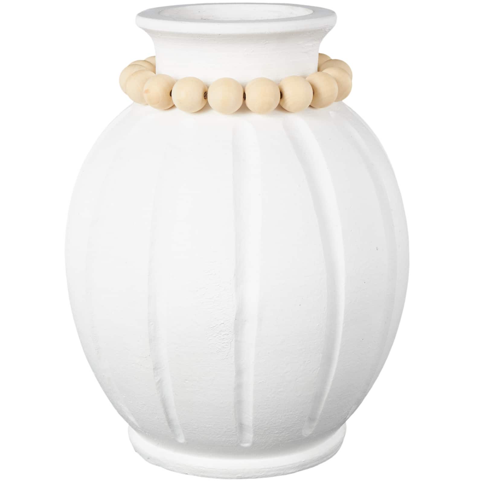 15.25" White with Light Brown Beads & Carved Grooves Decorative Vase