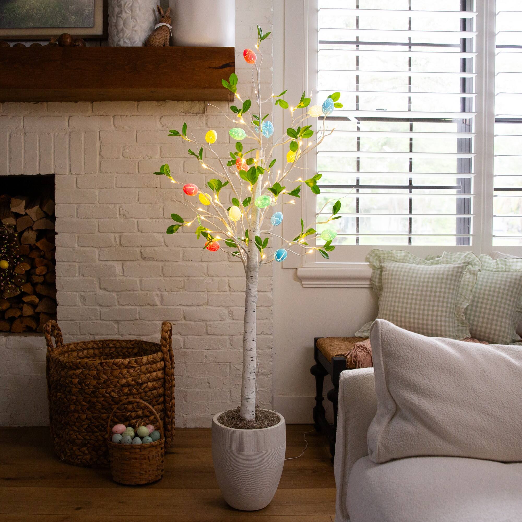 5ft. Pre-Lit Artificial Blooming Easter Egg Twig Tree with 72 Warm White LED Lights