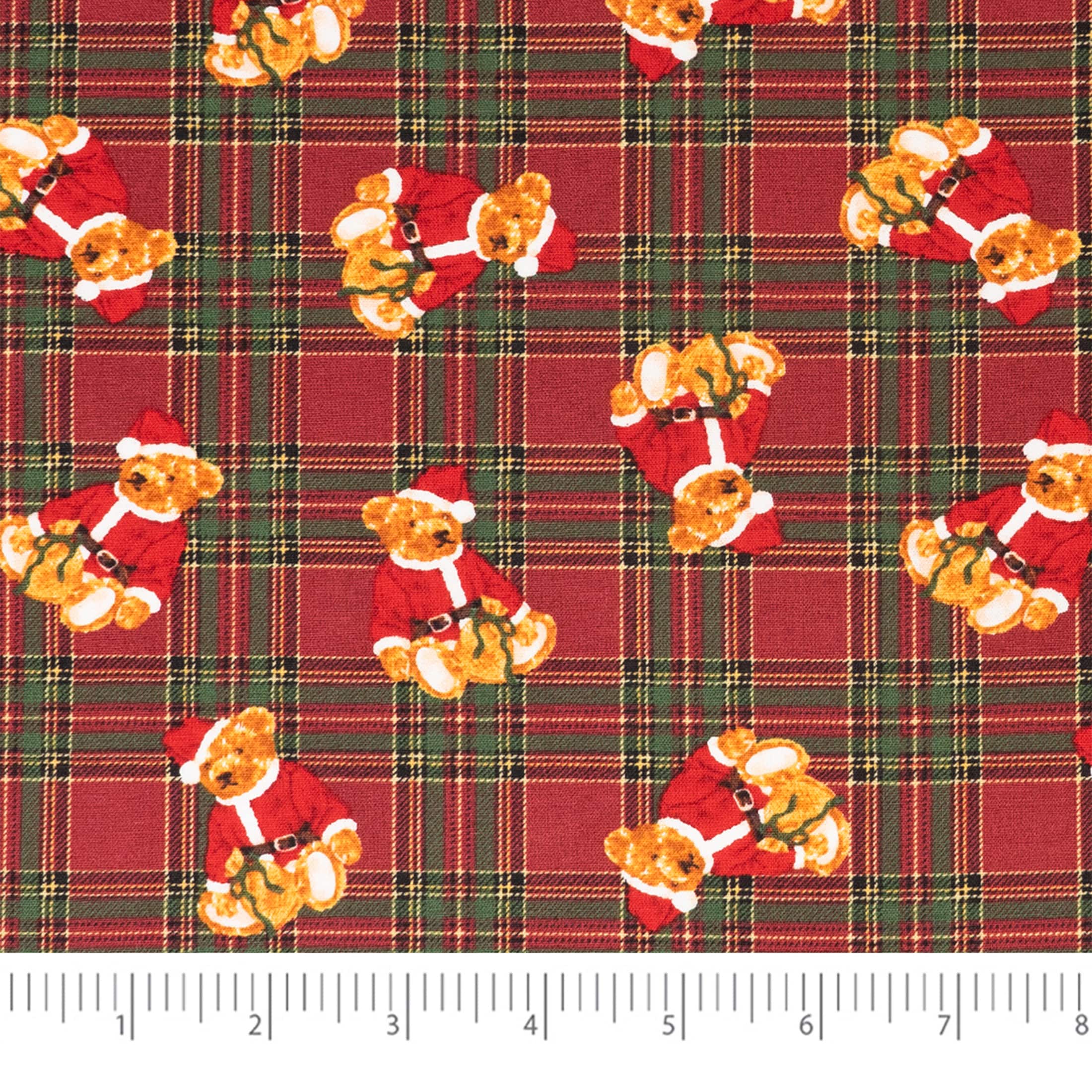 SINGER Santa Teddy Bears on Plaid Print Cotton Fabric