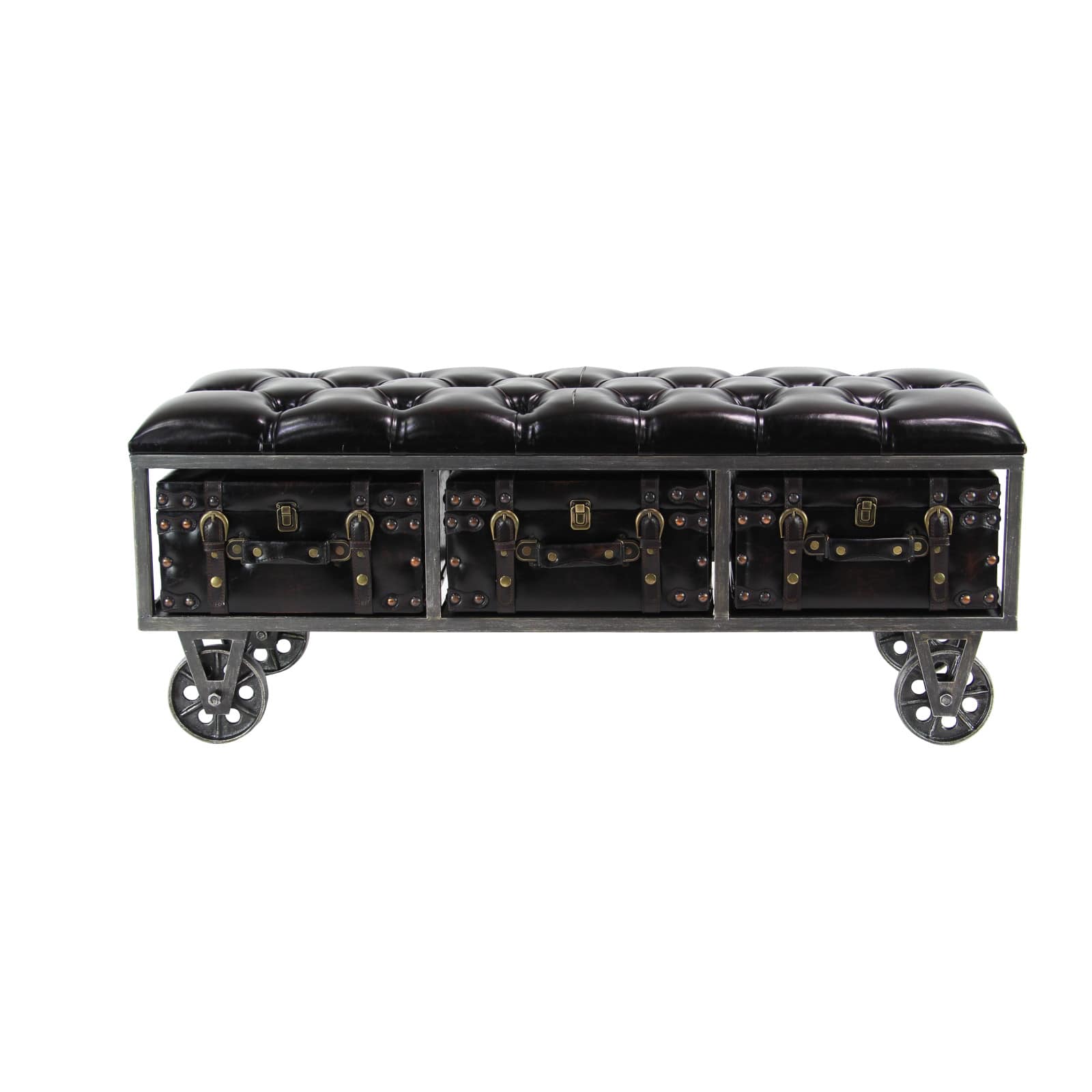 Industrial Rectangular Black Faux Leather and Wood Storage Bench, 19" x 47" x 16"