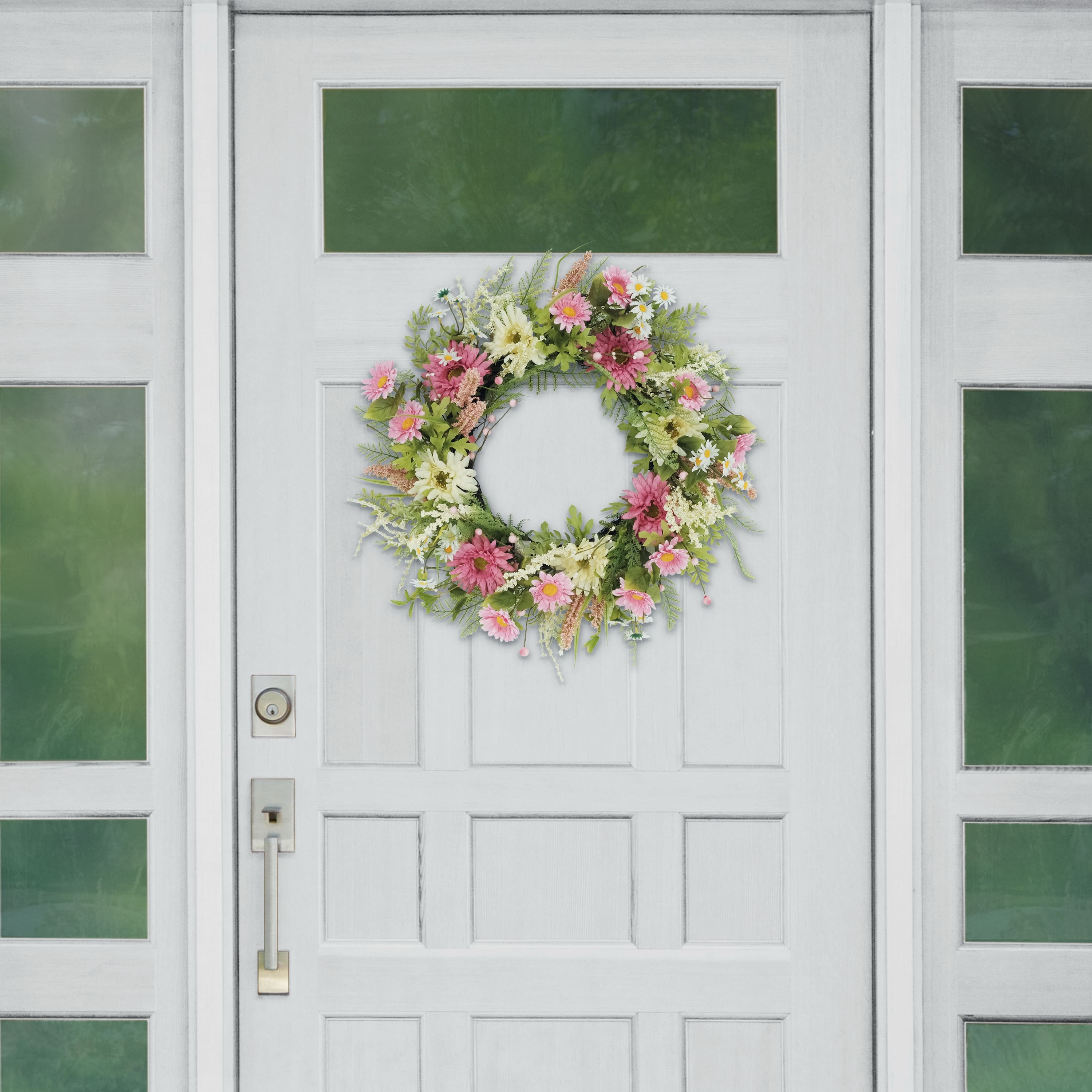 6 Pack: 24" Pink Mum & Daisy Floral Spring Wreath