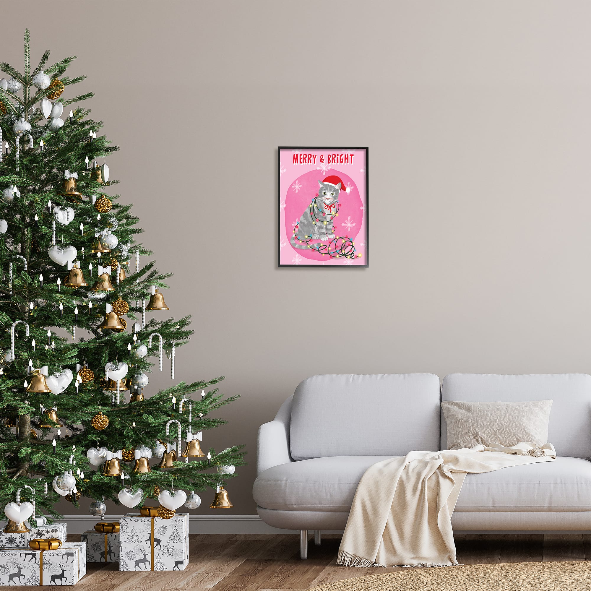 Stupell Industries Merry & Bright Christmas Cat Lights Framed Giclee Art