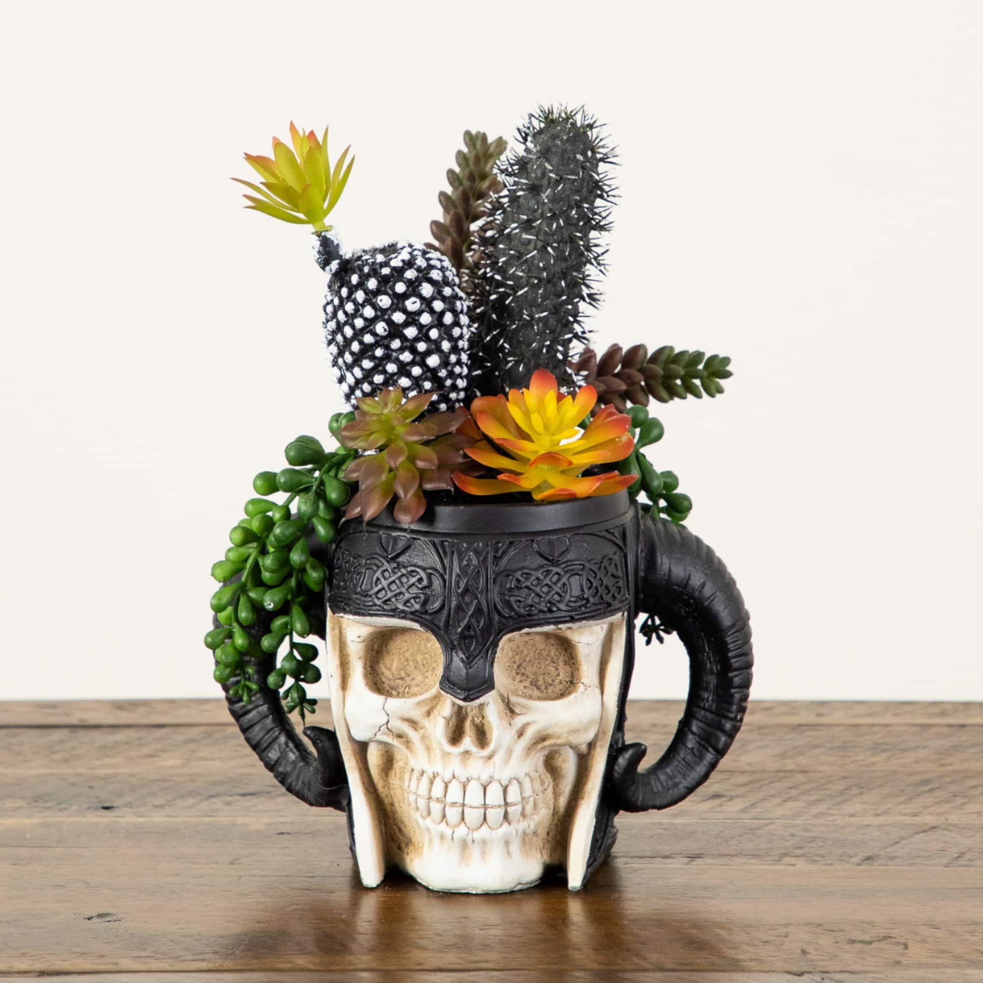 9" Artificial Halloween Mixed Succulent Garden in Warrior Skull Planter
