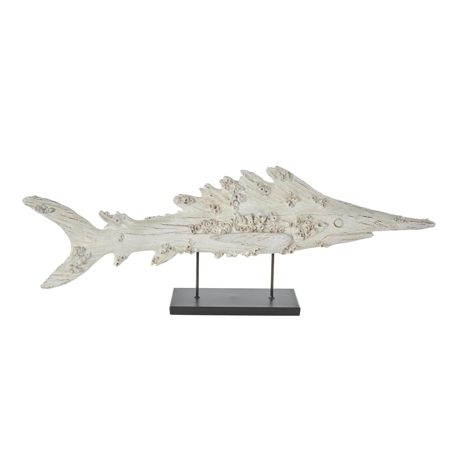 43.5" Cream Polystone Fish Textured Sculpture with Brown Distressing & Black Metal Stand
